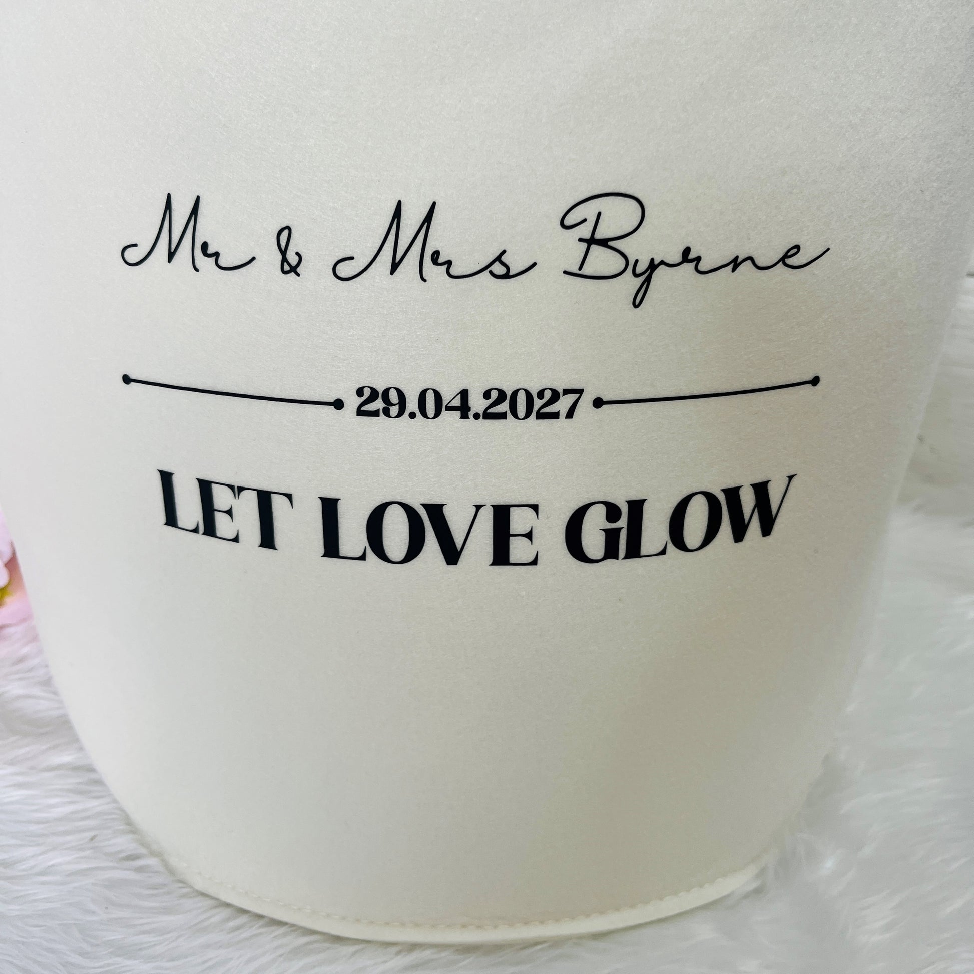 Cream Felt Trug with close up of Black text ' Let Love Glow' with name and date