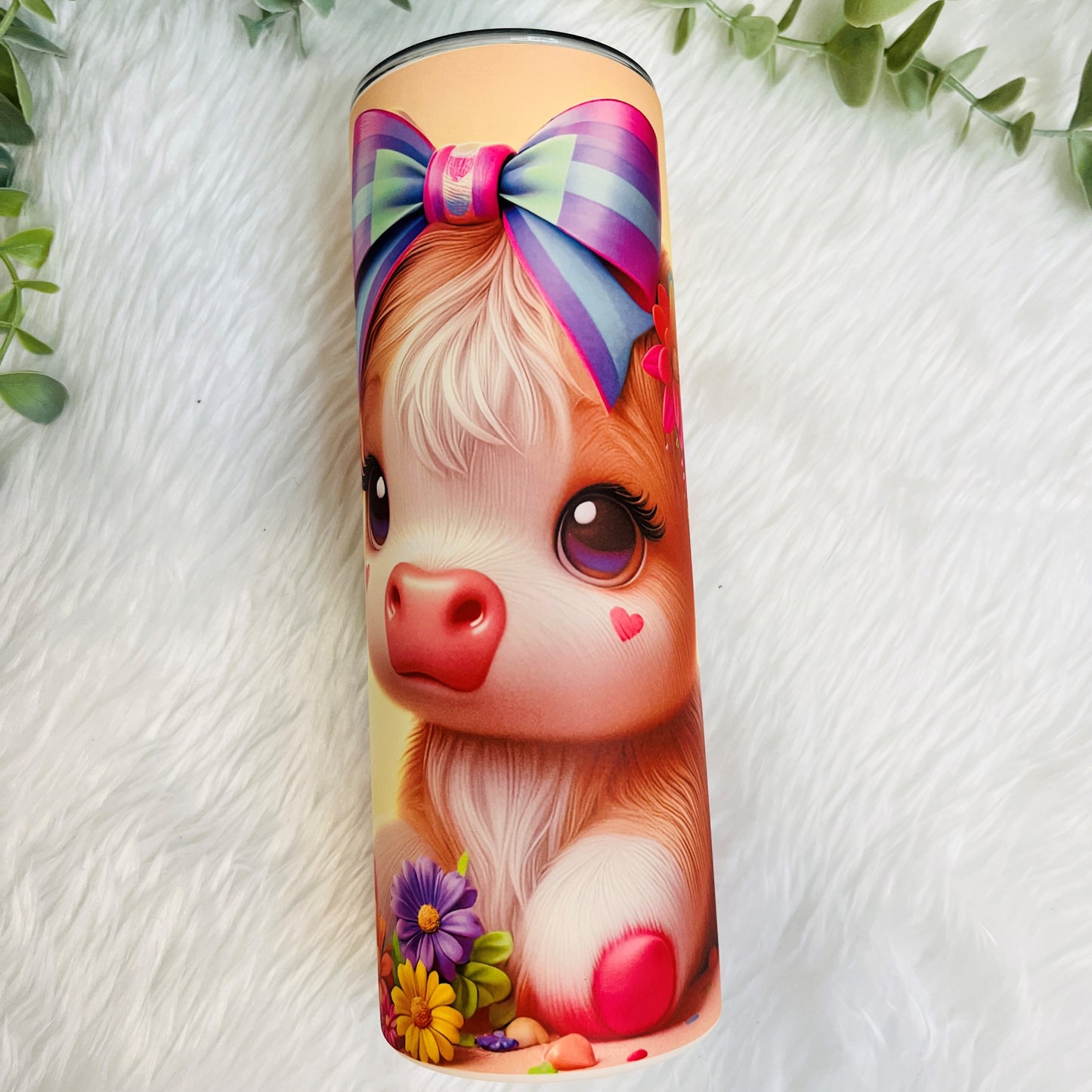 Cute Baby Highland Cow Matte Tumbler with Lid and Straw, Highland Cow with Hair Bow and Flowers