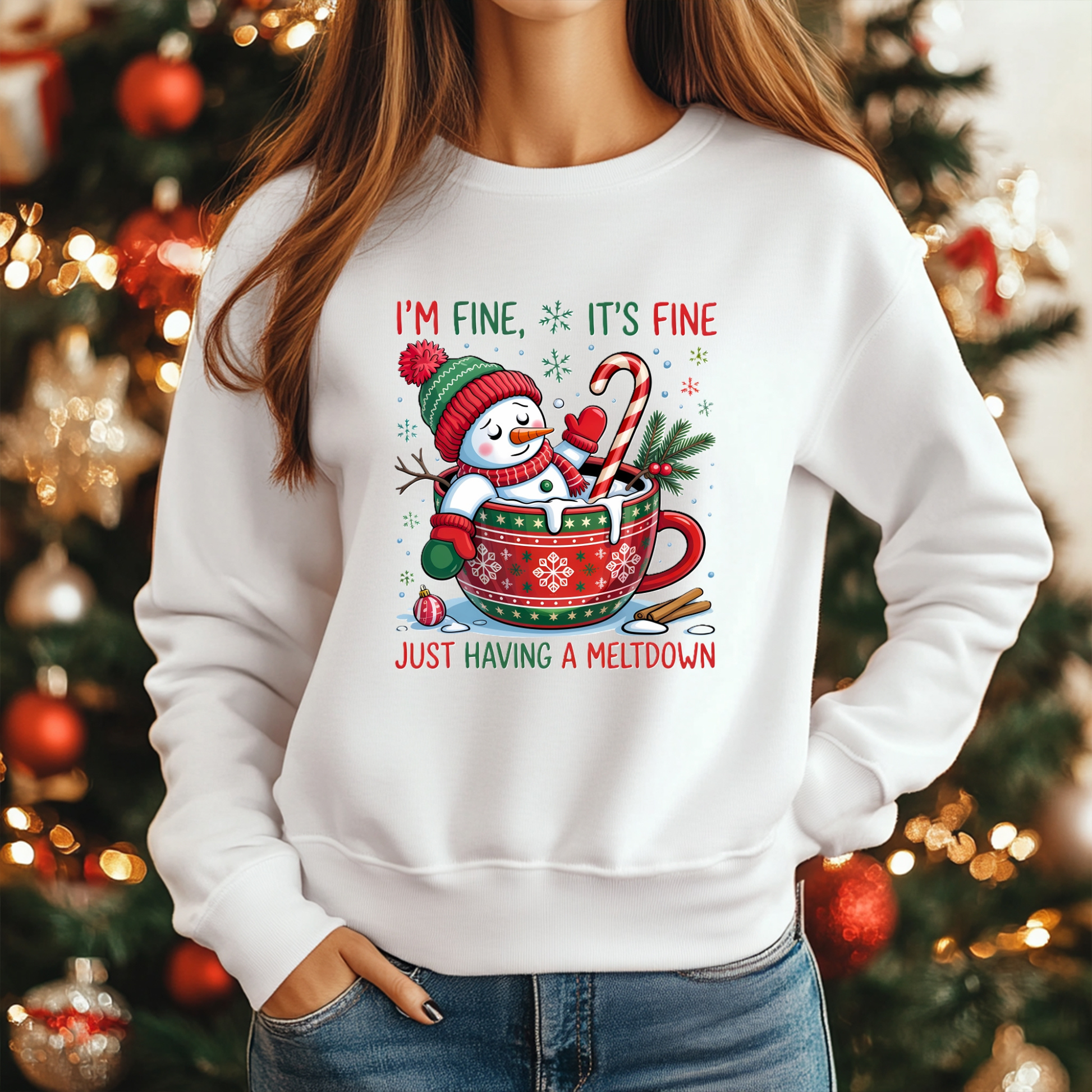 Cosy ladies Christmas sweater with relatable holiday meltdown message