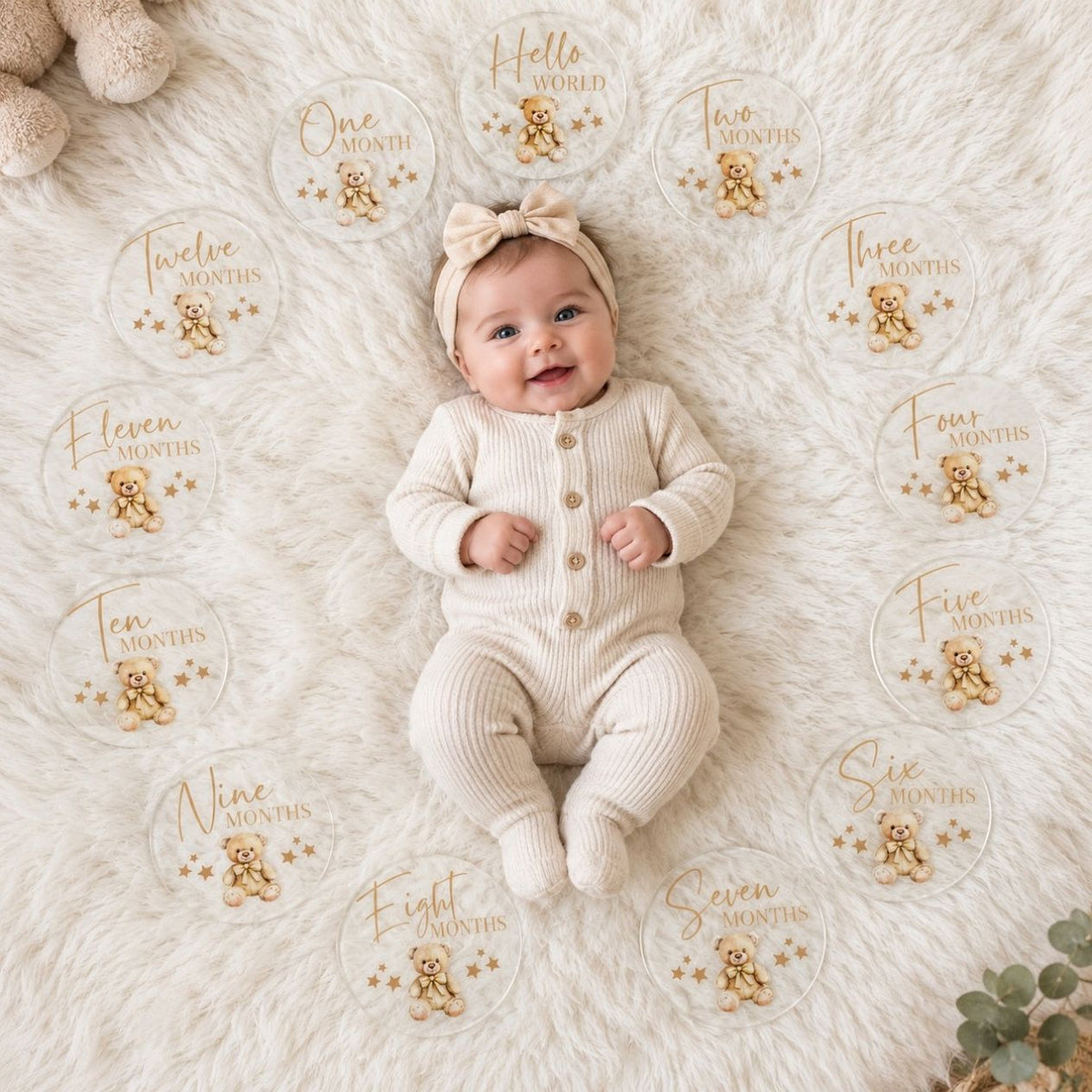 A baby wearing a cream ribbed one-piece outfit and matching bow headband lies on a white faux-fur blanket, surrounded by round clear placemats printed with baby milestone dates and teddy bear illustrations.