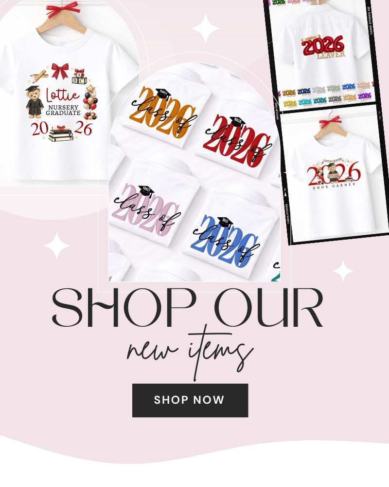 Graduation-themed t-shirts with designs and text on a pink background