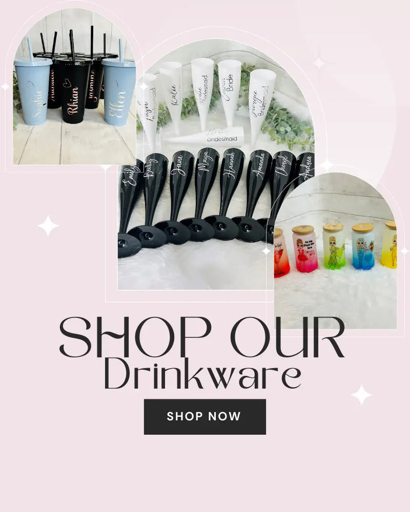 Collage of drinkware products with promotional text to shop now on a light pink background.