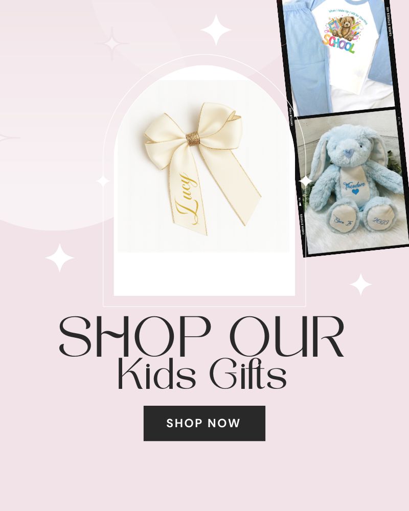 Promotional image for kids' gifts with a bow and teddy bear on a pink background.