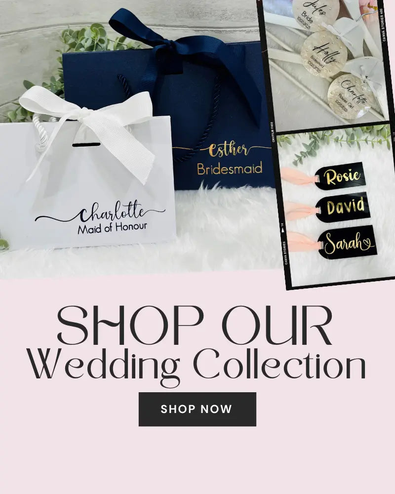 Wedding-themed products including bags and name tags with personalized names on a light pink background.