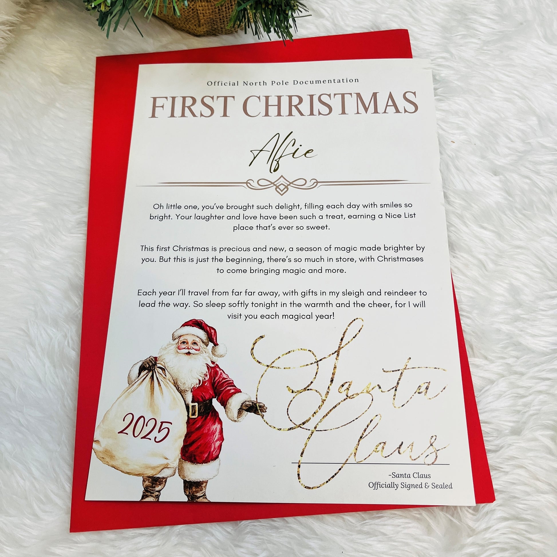 My first Christmas personalised letter from santa on a red envelope and white background
