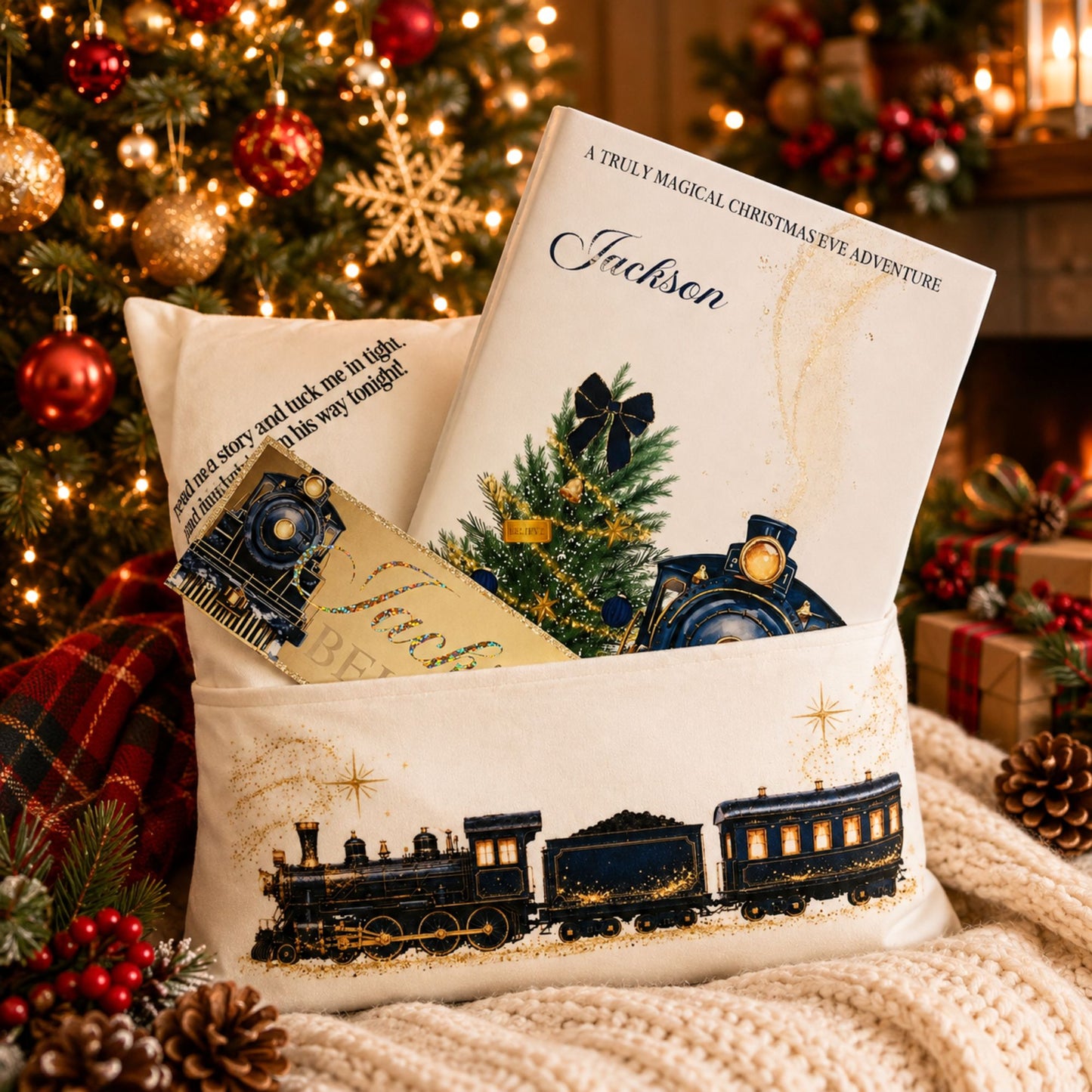 A white velvet plush fabric Christmas pillow with a printed navy and gold train design, styled in a cozy holiday setting with a decorated Christmas tree, warm lights, pinecones, and wrapped gifts.