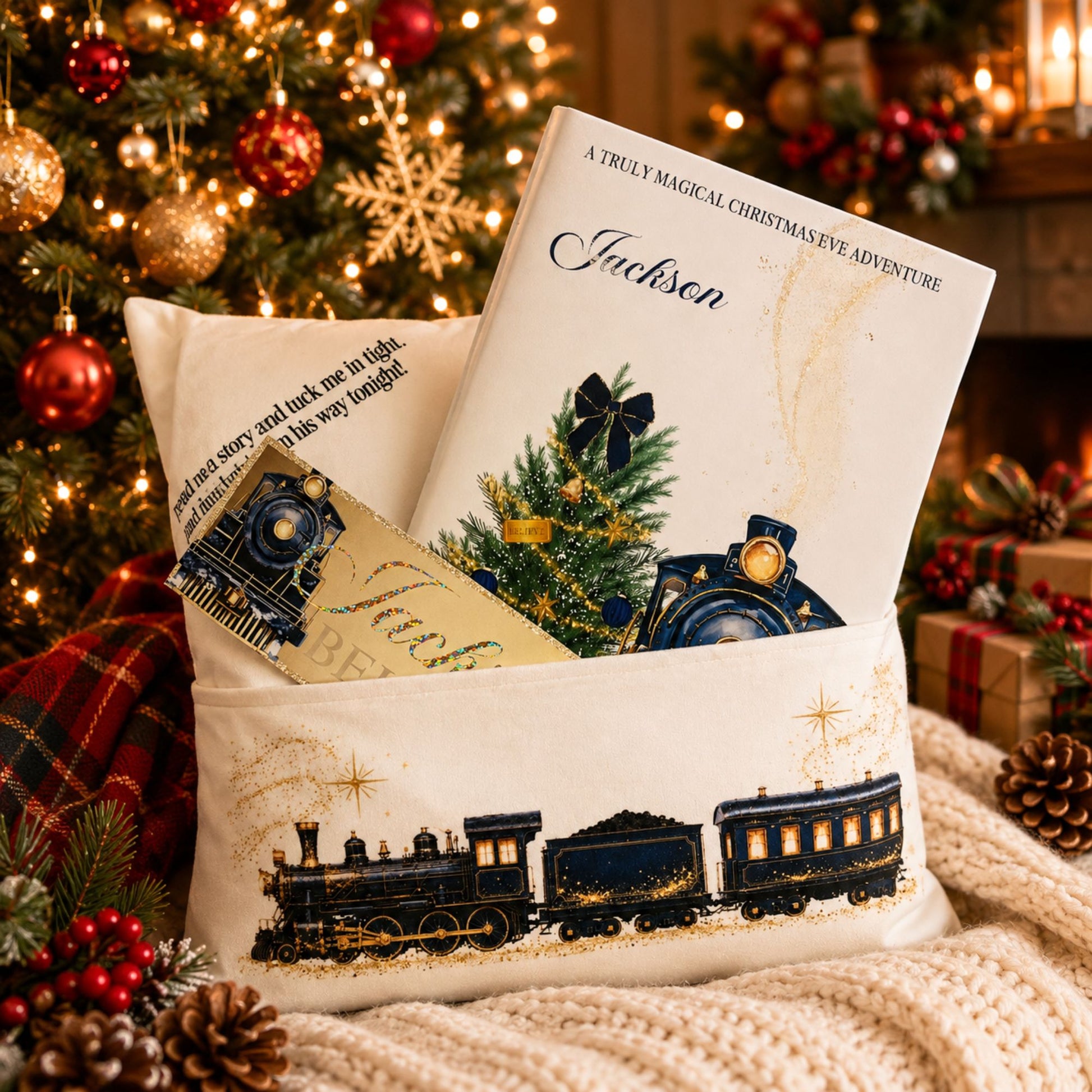 A white velvet plush fabric Christmas pillow with a printed navy and gold train design, styled in a cozy holiday setting with a decorated Christmas tree, warm lights, pinecones, and wrapped gifts.