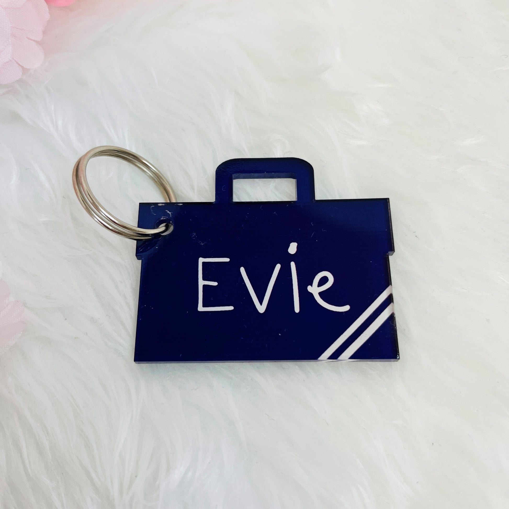 Bright acrylic name tag keyring to help children identify their school bag