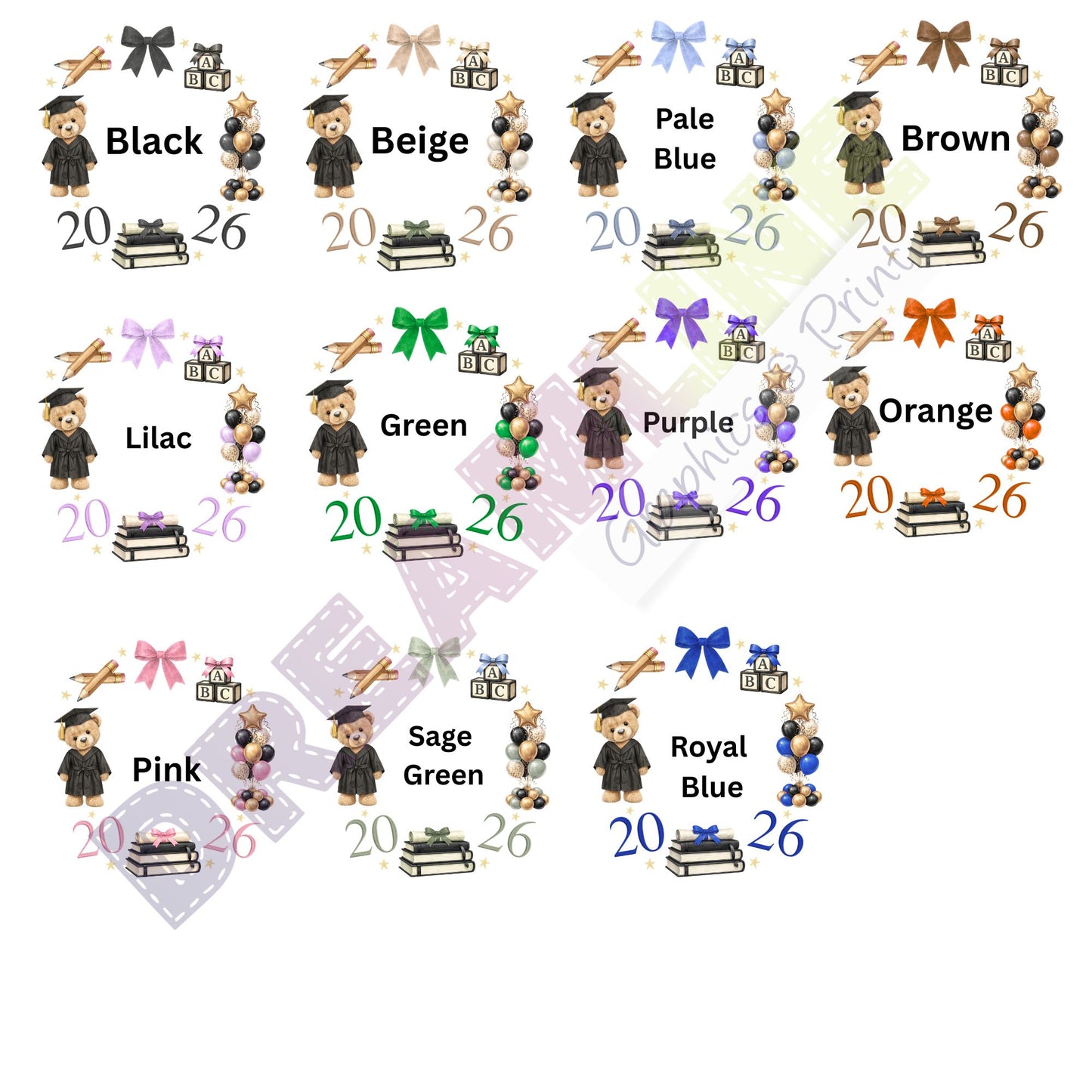 Color swatch chart with teddy bears in graduation caps and gowns, labeled with color names and codes.