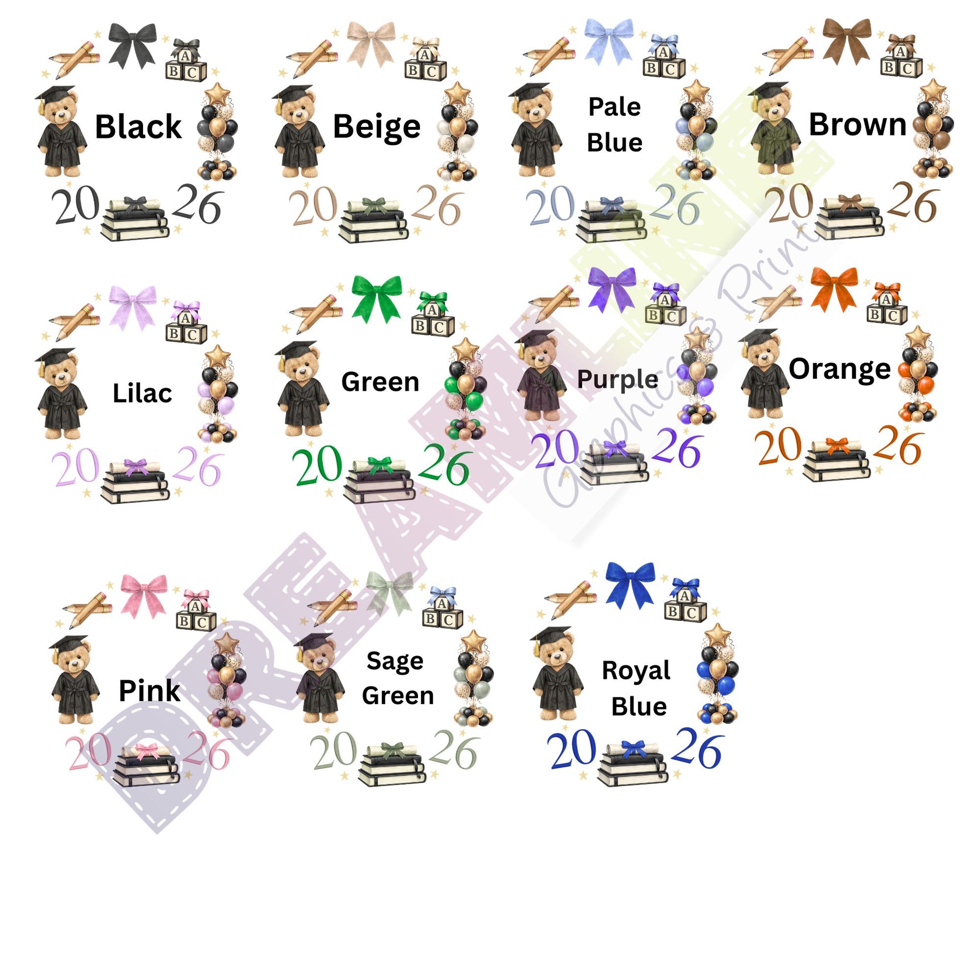 Color swatch chart with teddy bears in graduation caps and gowns, labeled with color names and codes.