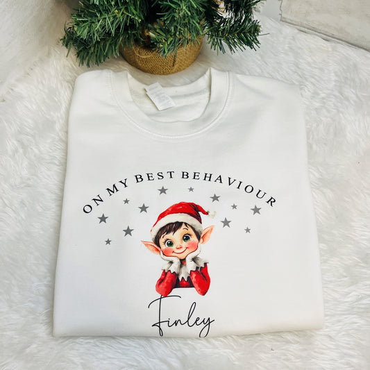 Kids Elf Jumper in white with a Christmas elf design and name