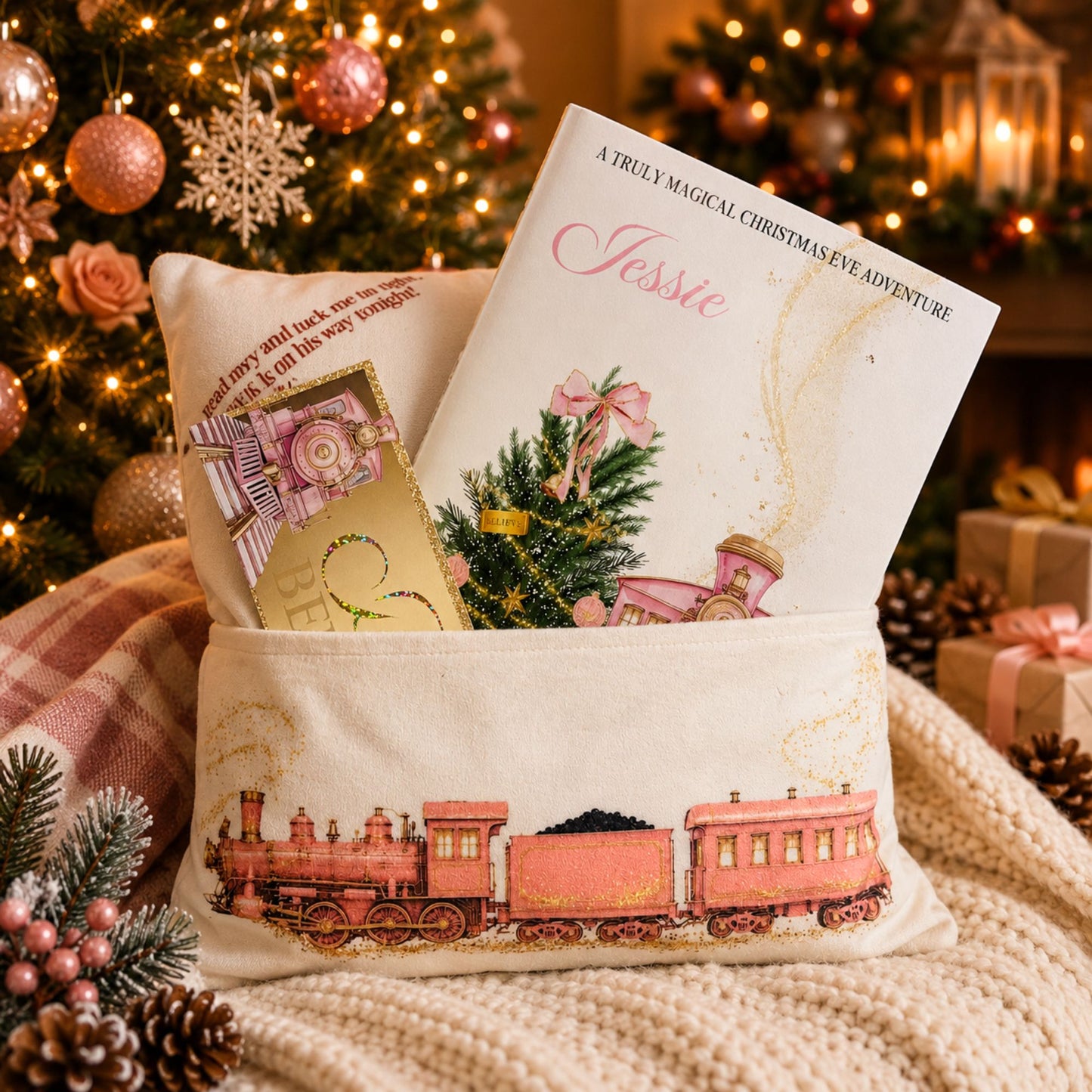 A white velvet plush fabric Christmas pillow with a printed pink and gold train design, styled in a cozy holiday setting with a decorated Christmas tree, warm lights, pinecones, and wrapped gifts.