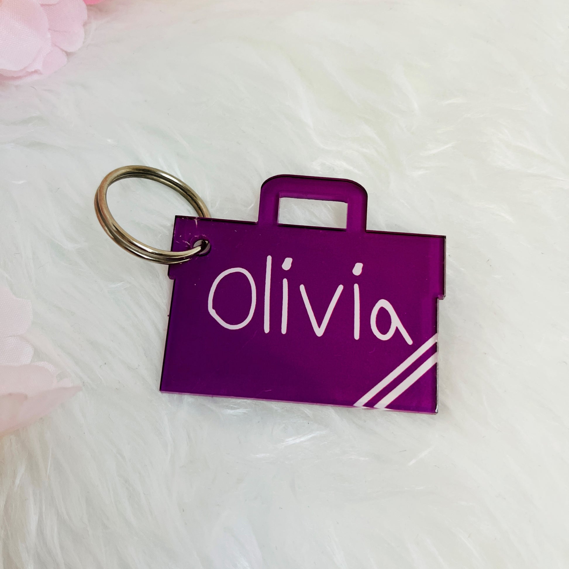 Custom printed book bag keyring for children with bright colours