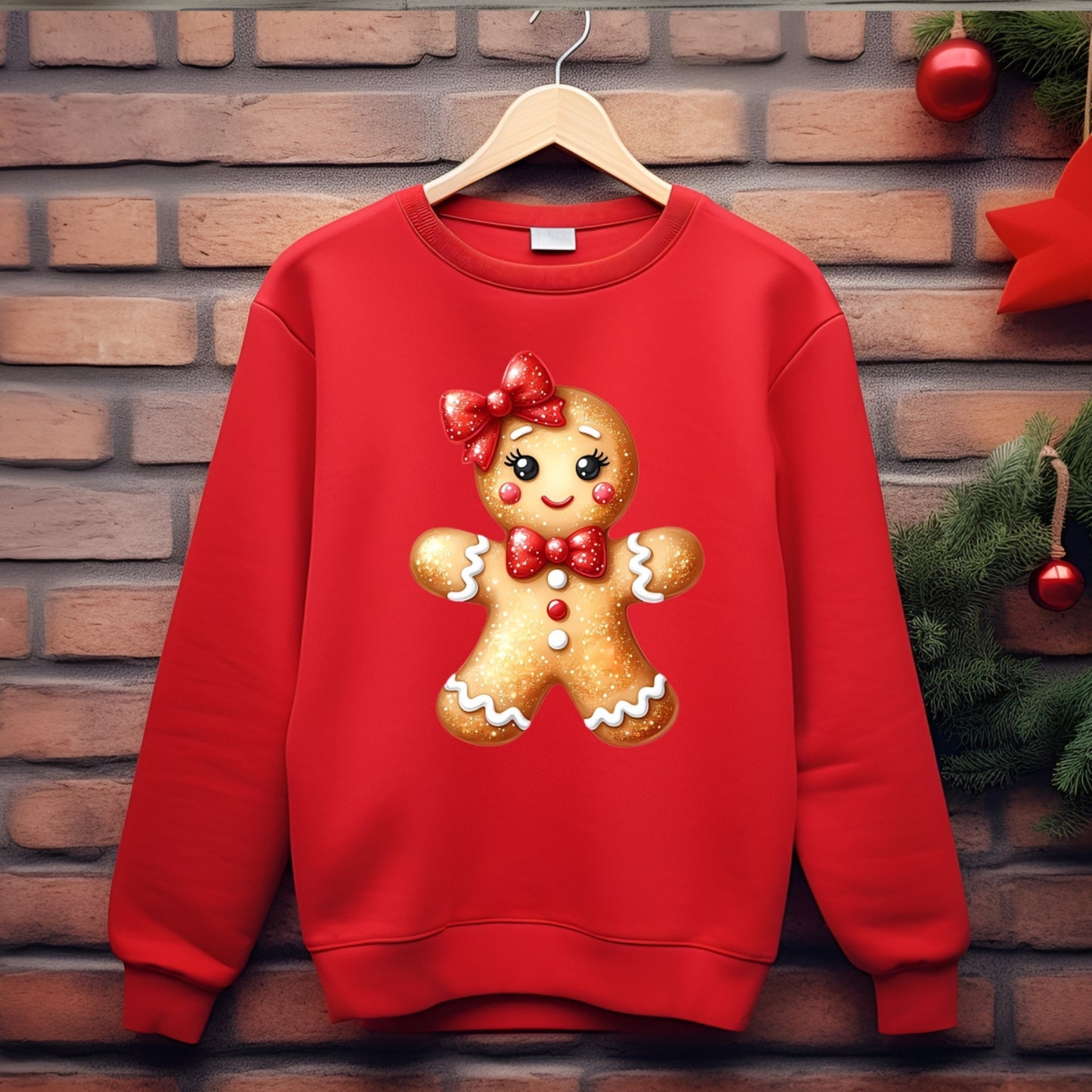Red sweatshirt with a gingerbread girl design on a hanger against a brick wall.