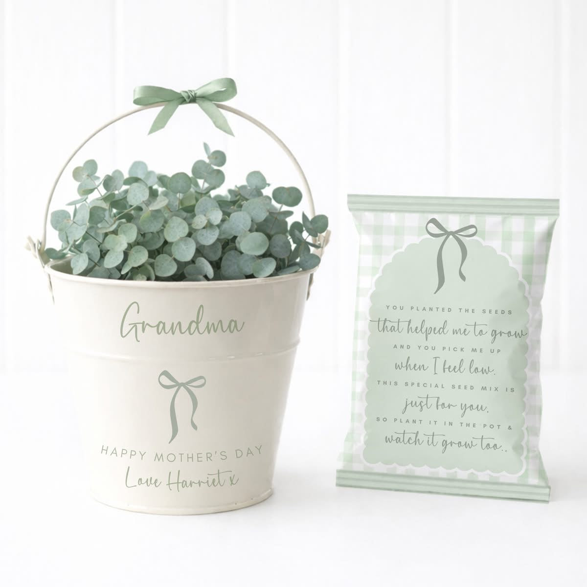 Plant gift set with a bucket of eucalyptus and a packet of seeds on a white background