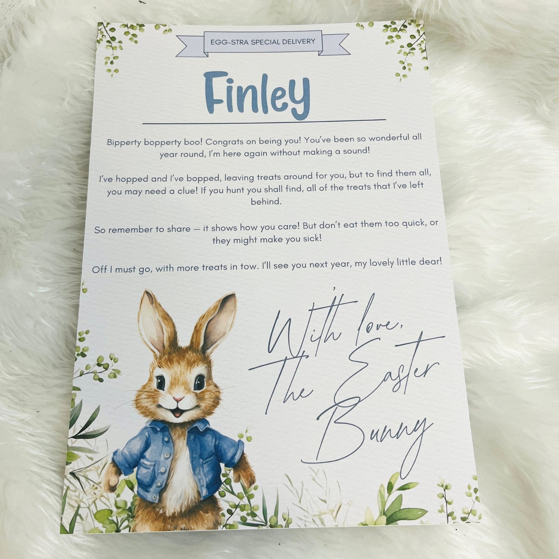Letter from the Easter Bunny for a child named Finley on a white background