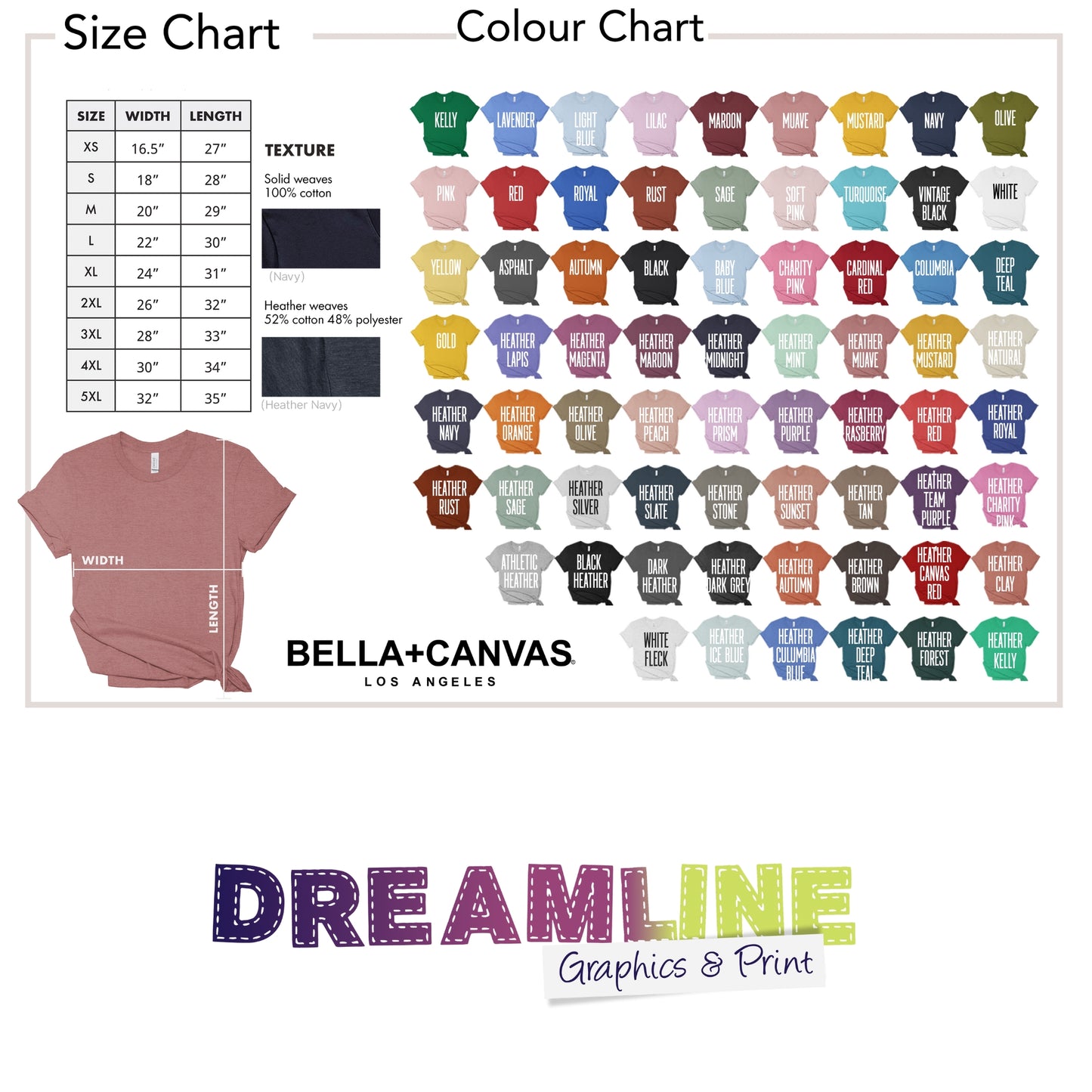 Bella+Canvas t-shirt size and color chart with various shirt designs.