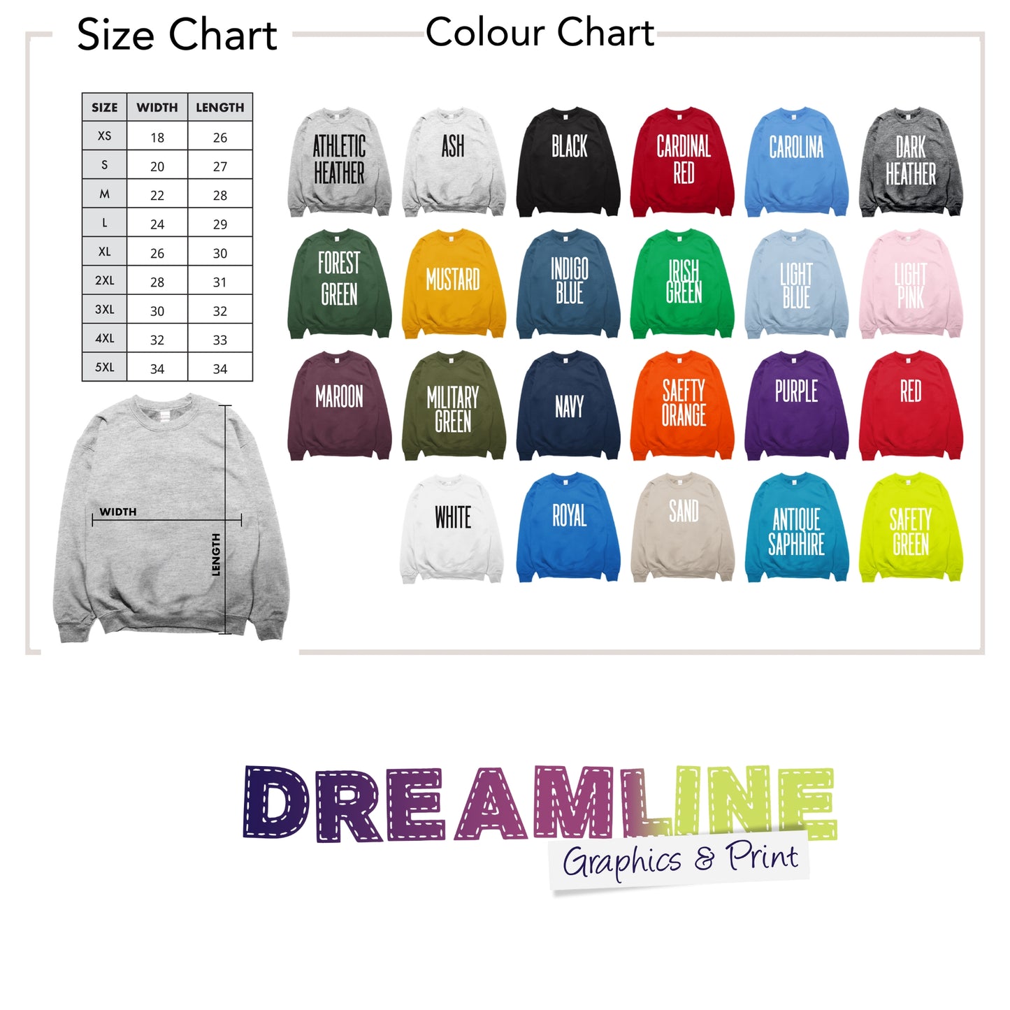 Color chart and size chart for sweatshirts with Dreamline Graphics & Print branding.