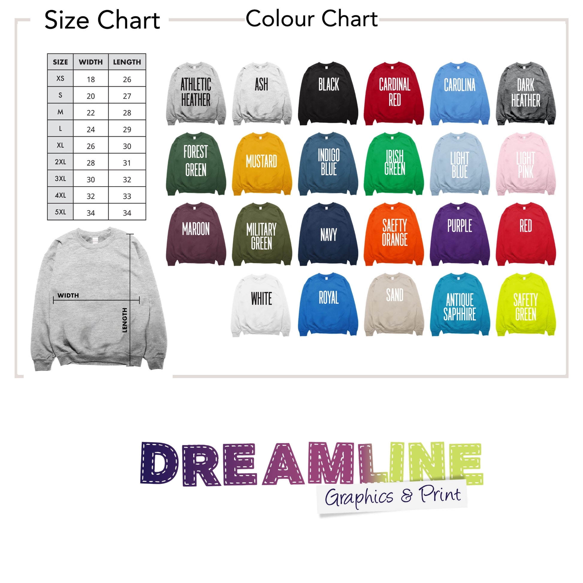 Color chart and size chart for sweatshirts with Dreamline Graphics & Print branding.