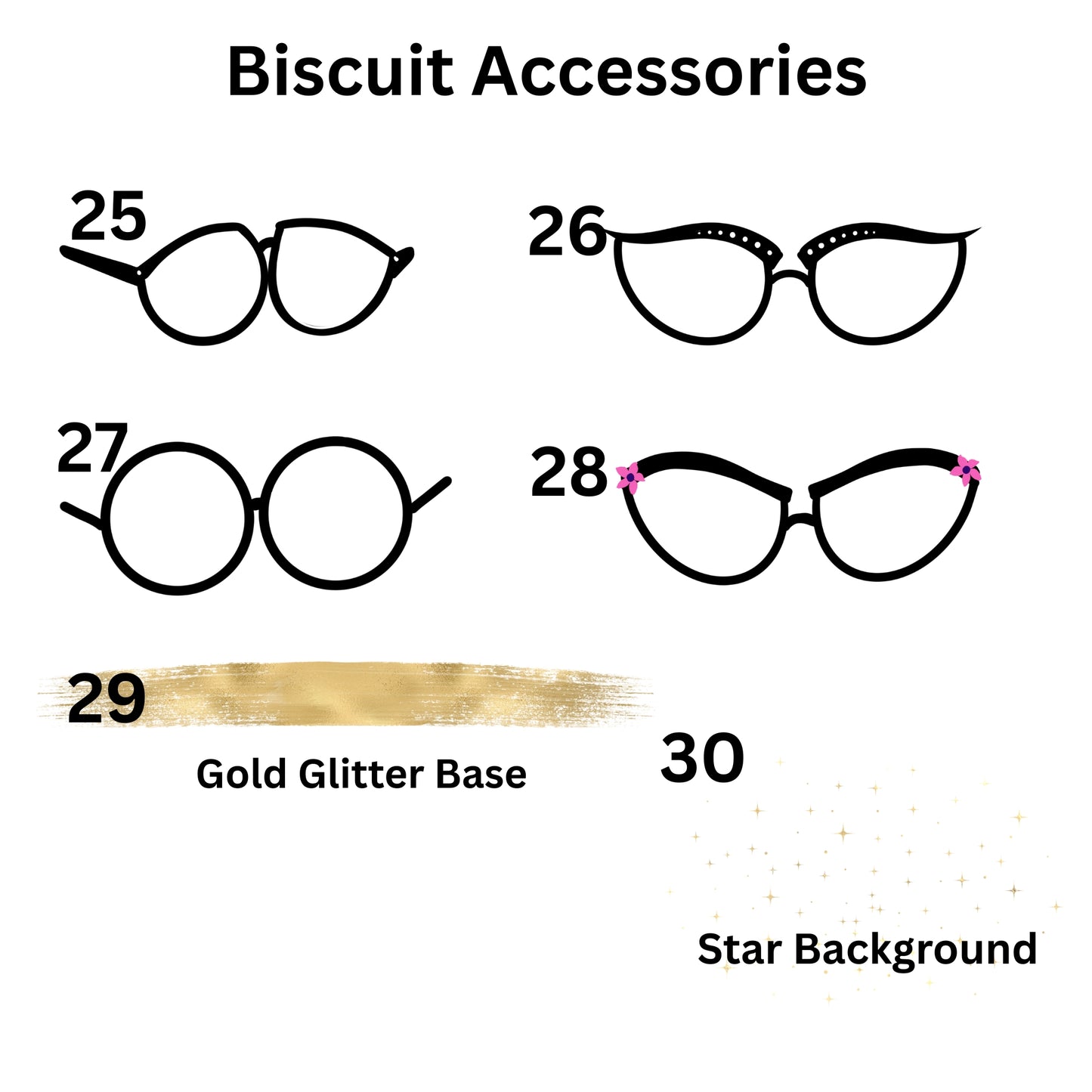 Diagram of biscuit accessories with labeled designs and color swatches on a white background.