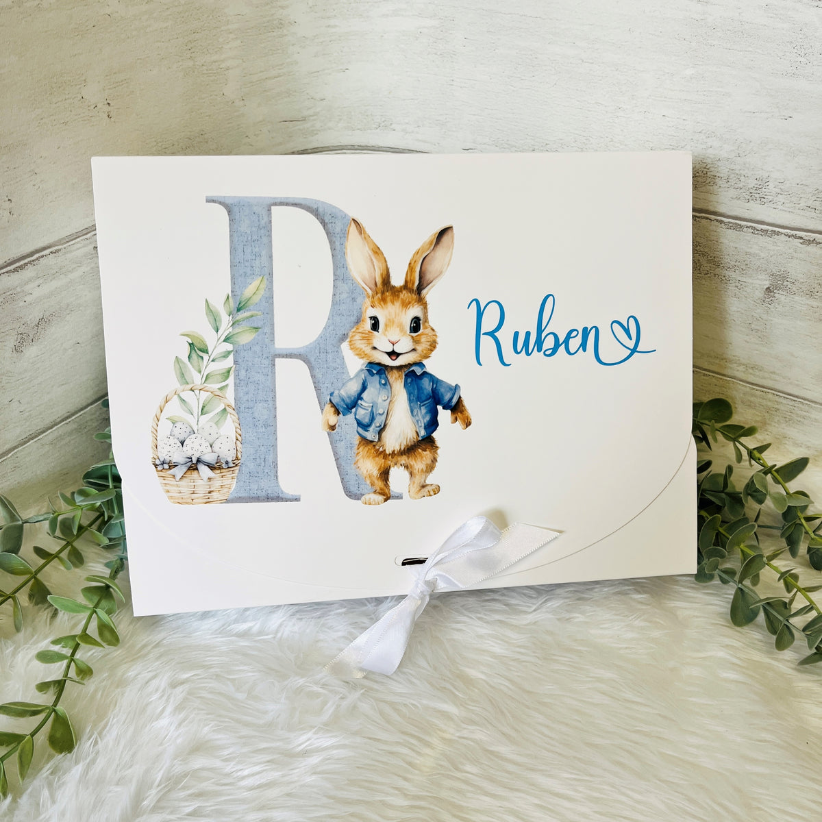 Ruben Rabbit A folding Easter Gift Box with a Blue rabbit design and the name Reuben ...