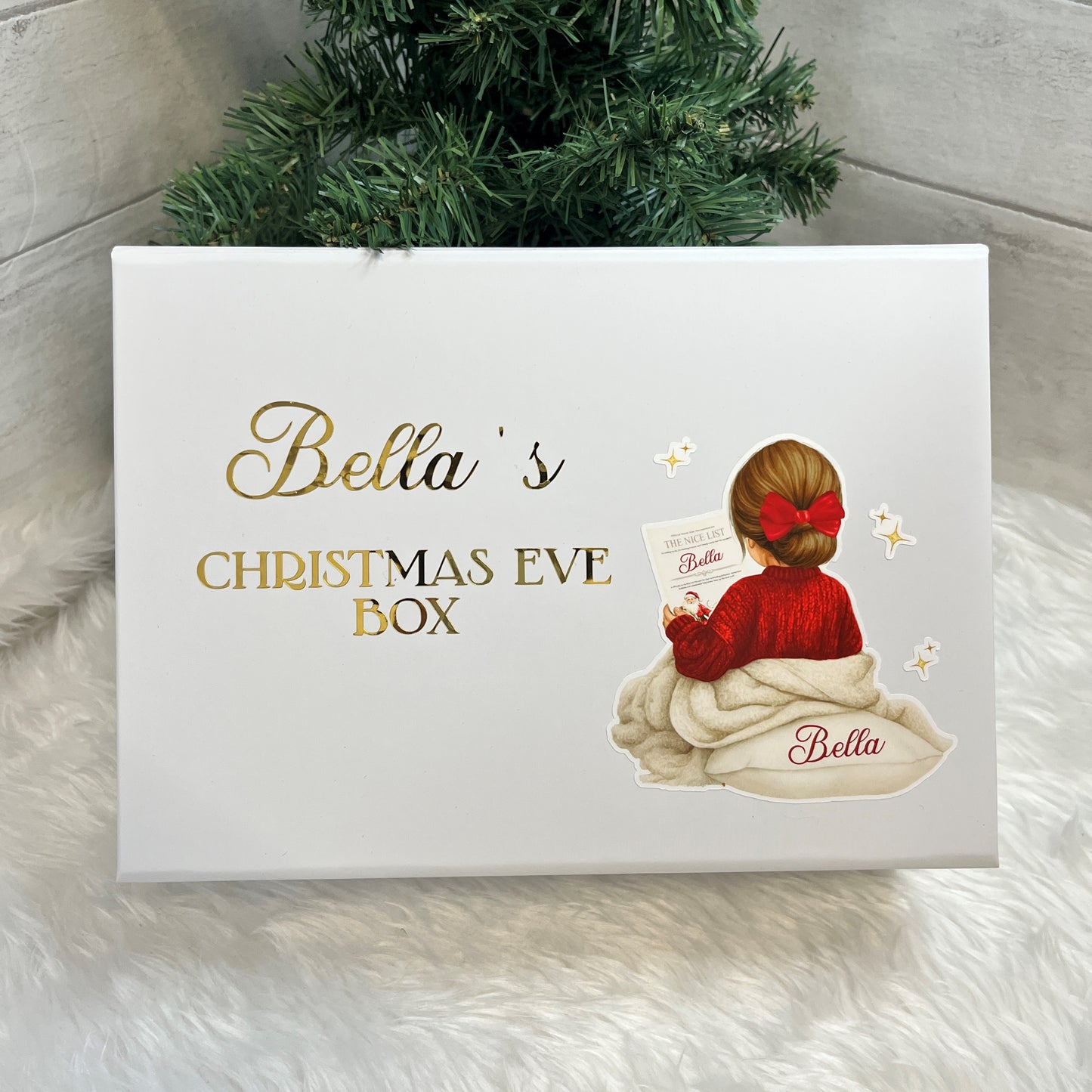 Personalised Christmas Eve Box with little girl design and gold vinyl text