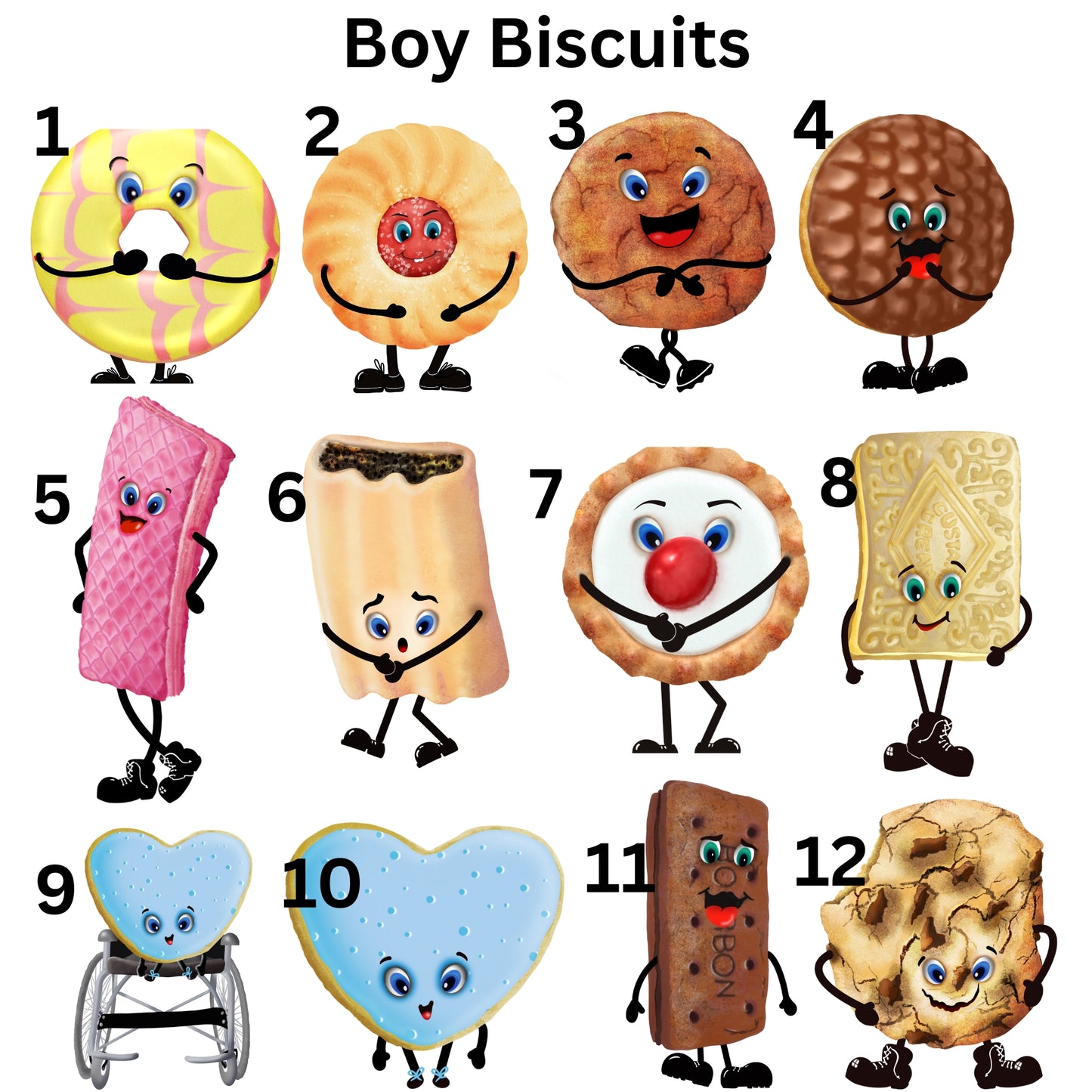 Boy Biscuits with cartoon faces and expressions on a white background
