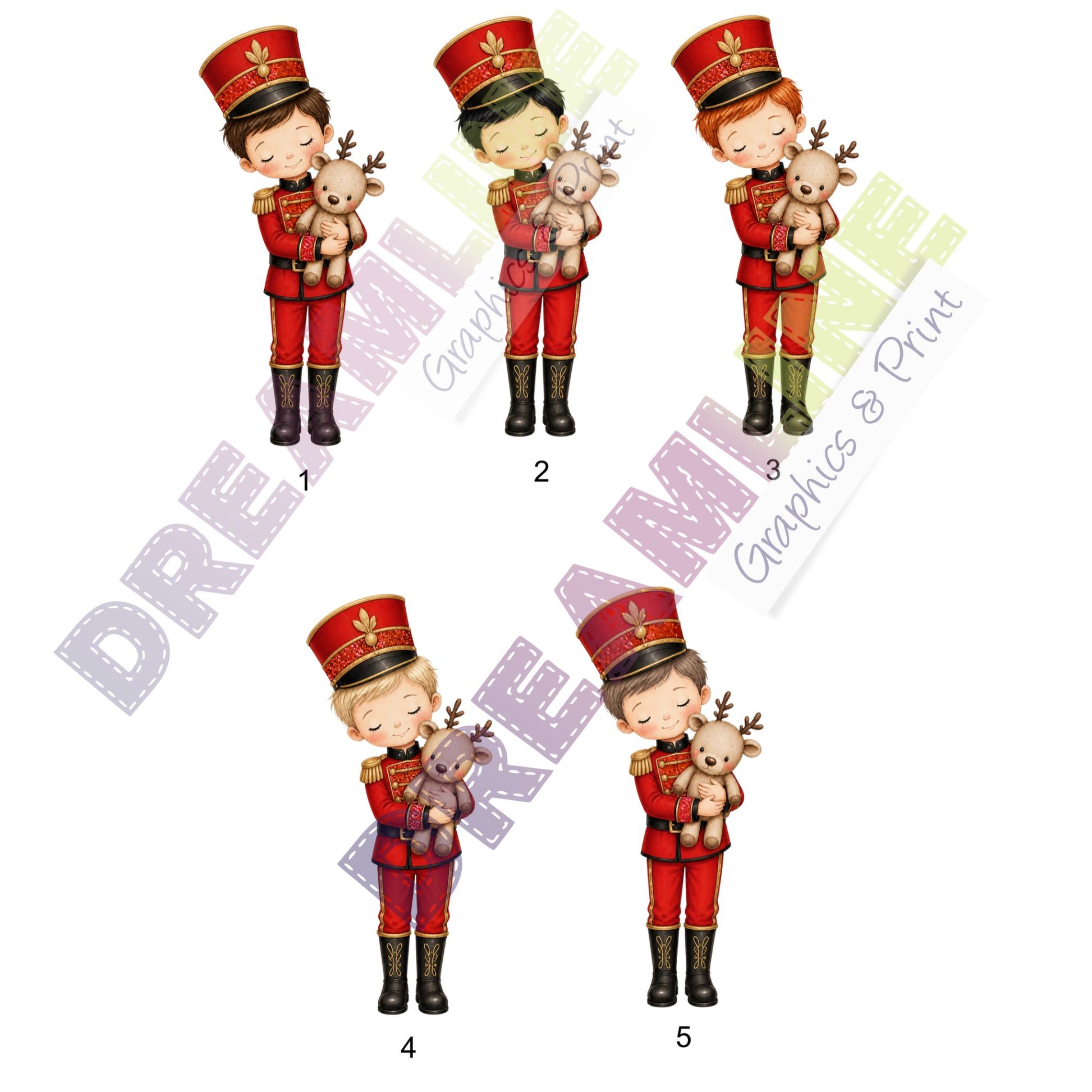 A choice of nutcracker designs with different hair colours and the Dreamline Graphics logo across the images