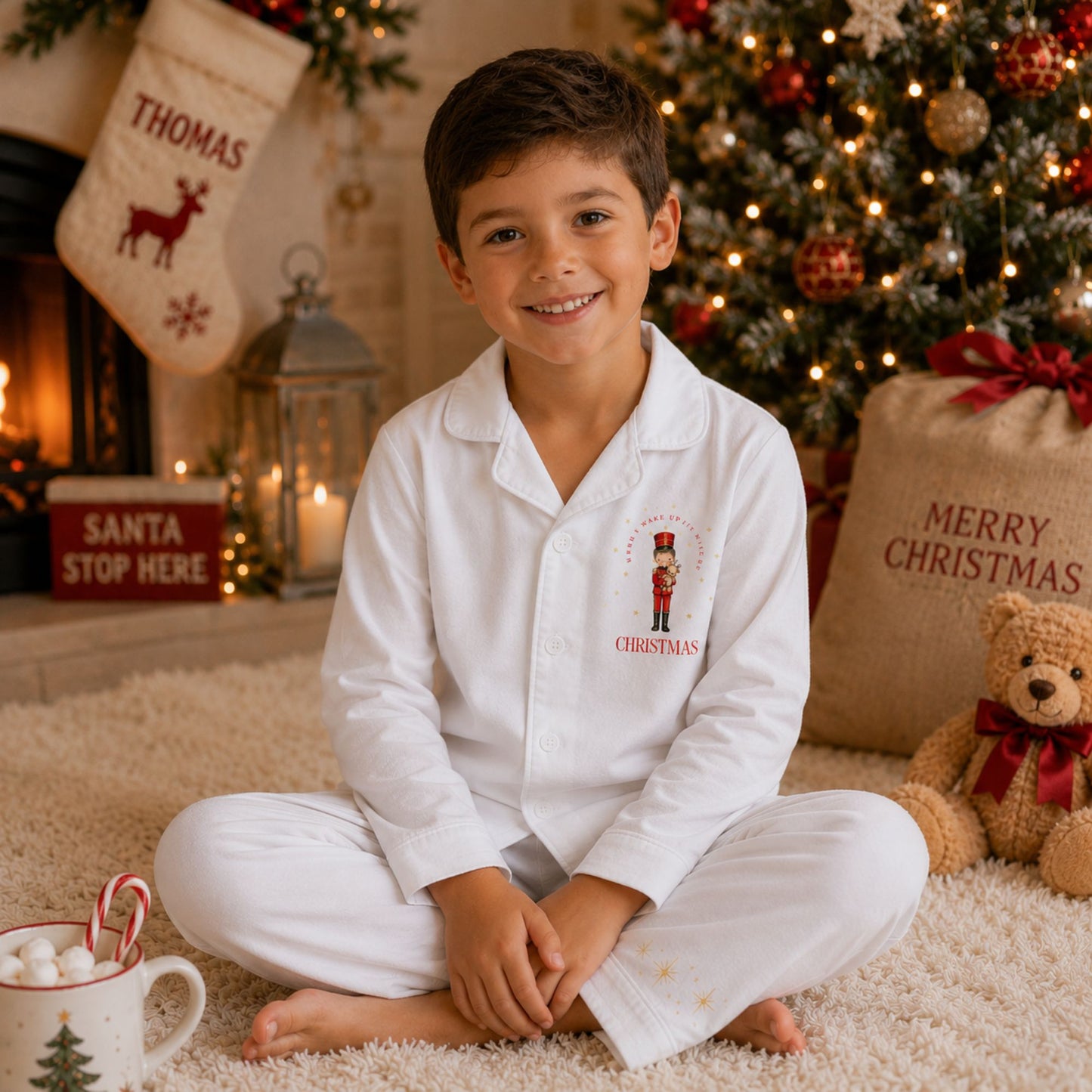 A young boy sits cross-legged on a fluffy cream rug in a cozy Christmas living room, wearing a pair of white long-sleeve pajamas with a small nutcracker graphic and the word 'When I wake up it will be christmas' on the chest. The background features a decorated Christmas tree, stockings, a mug of hot cocoa with marshmallows, and a teddy bear.