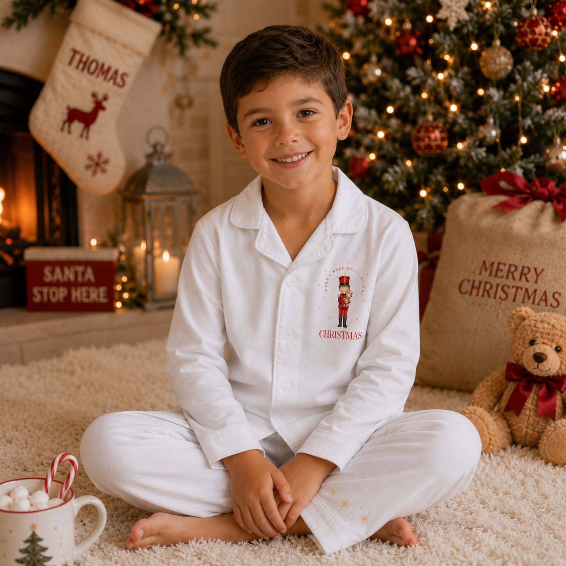 A young boy sits cross-legged on a fluffy cream rug in a cozy Christmas living room, wearing a pair of white long-sleeve pajamas with a small nutcracker graphic and the word 'When I wake up it will be christmas' on the chest. The background features a decorated Christmas tree, stockings, a mug of hot cocoa with marshmallows, and a teddy bear.