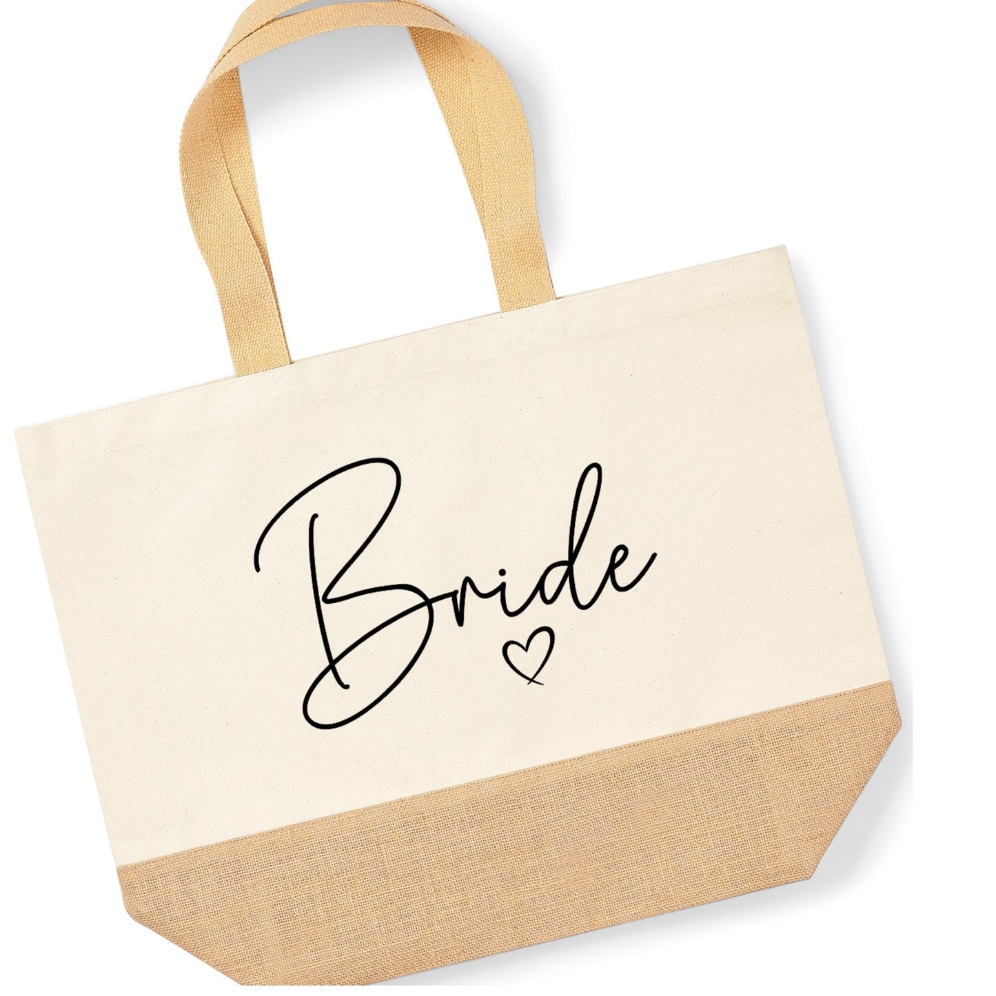 Large hessian Jute bag with the text 'Bride' on a white background