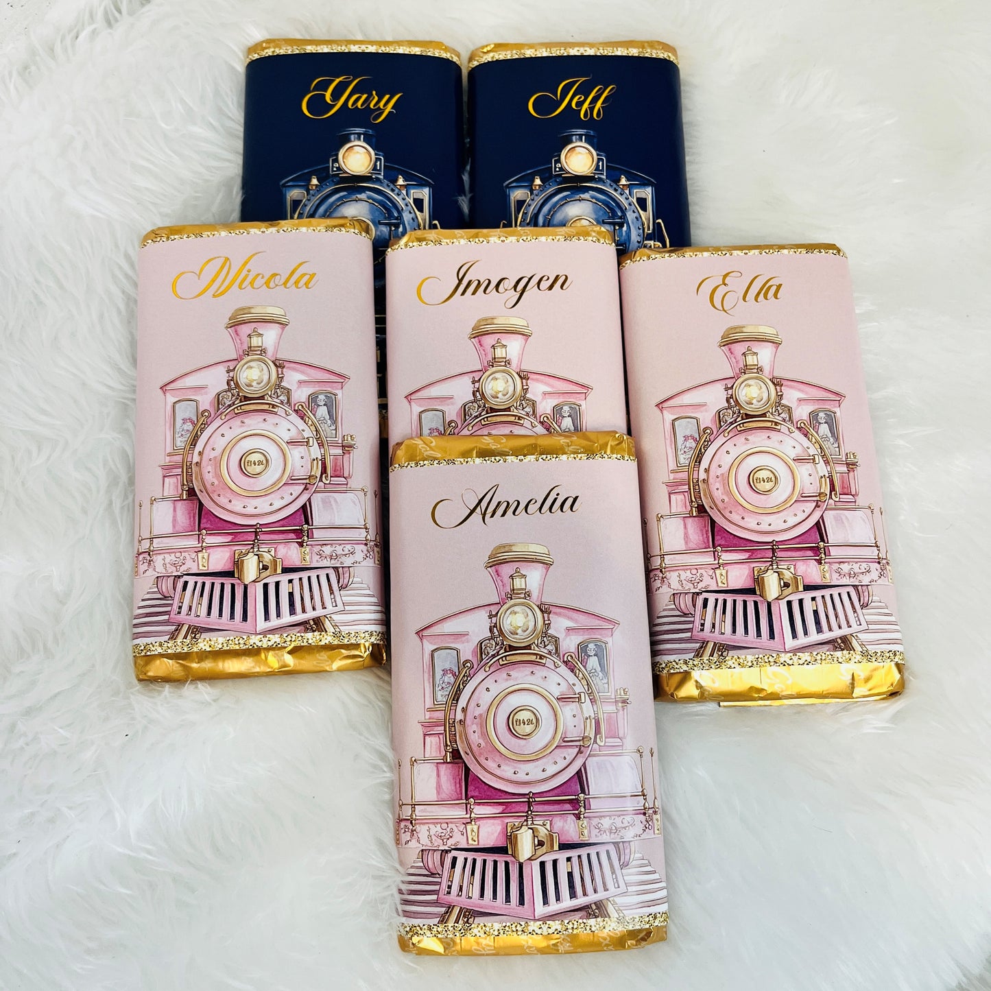 Collection of express train chocolate wrappers personalised with names