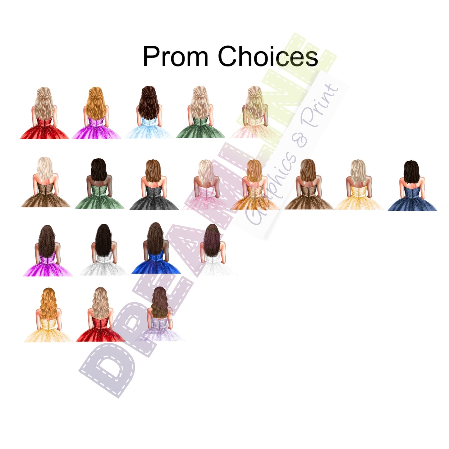 Prom dress choices with a grid layout on a white background.