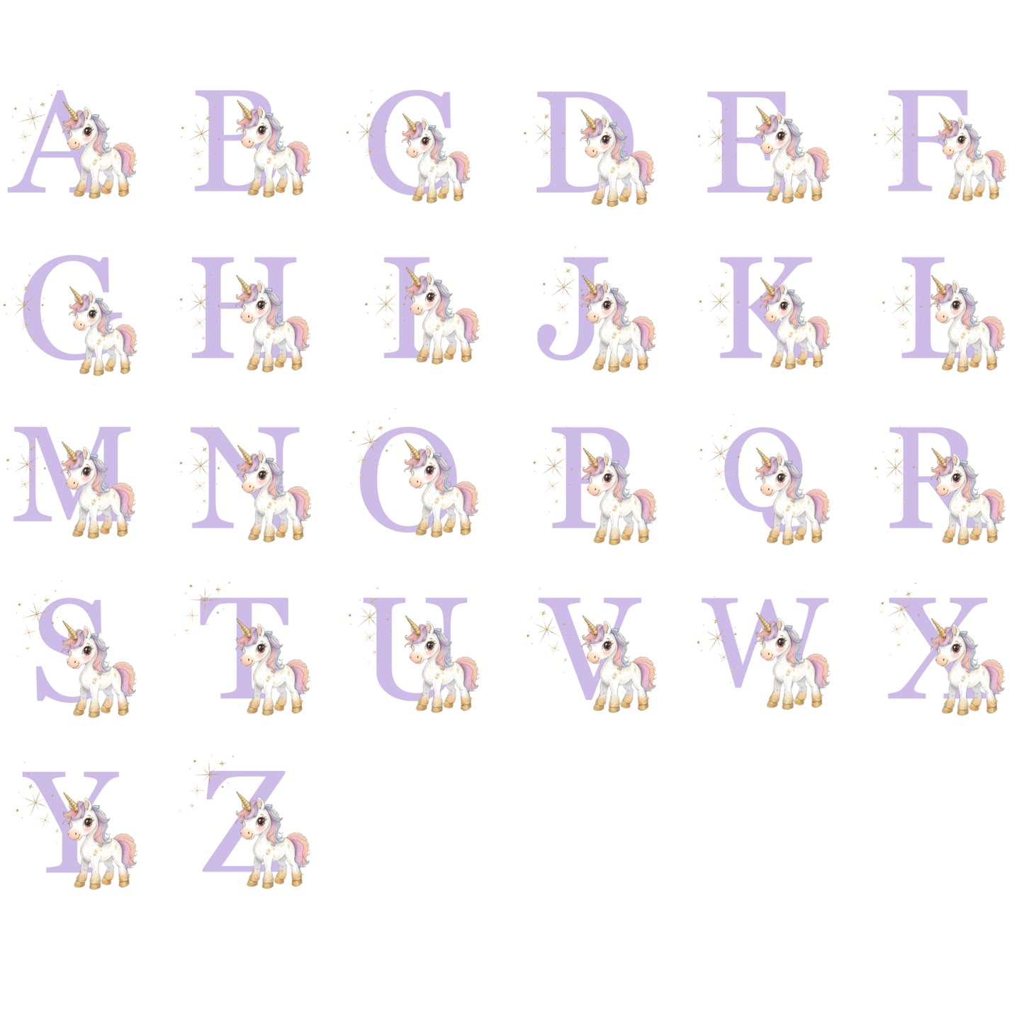 Unicorn-themed alphabet letters on a white background