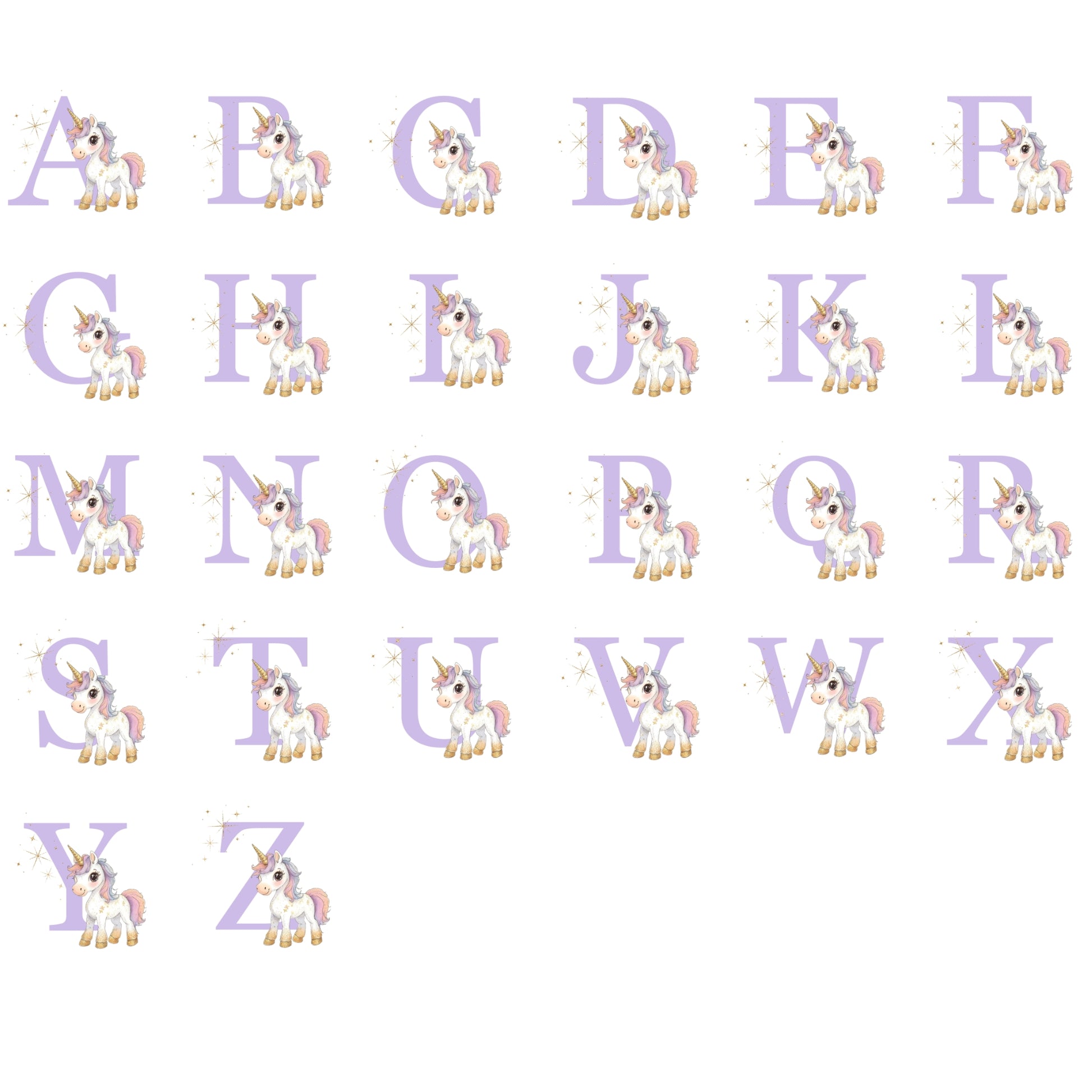 Unicorn-themed alphabet letters on a white background