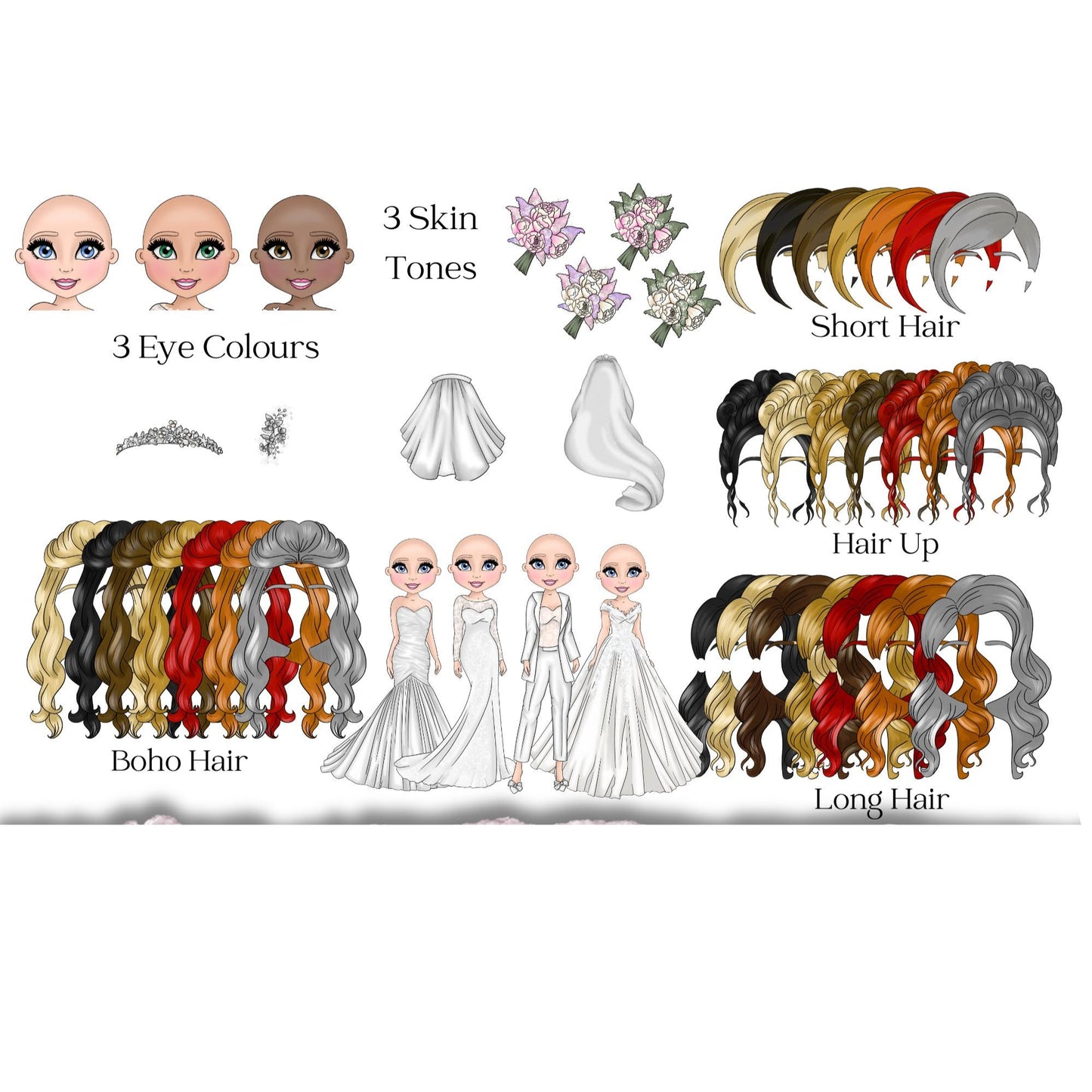 Character customization options including hair styles, eye colors, skin tones, and wedding dresses.