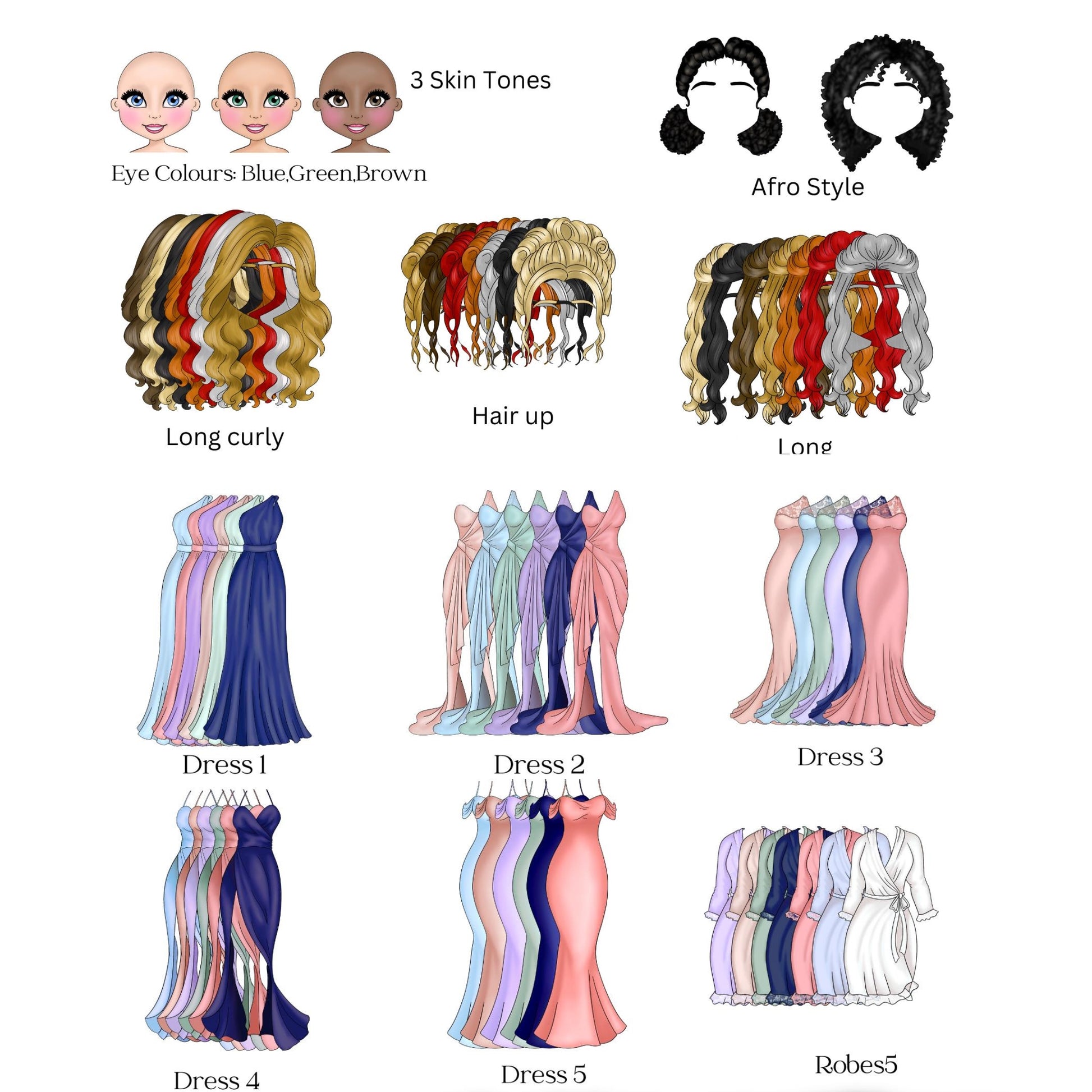 Character customization options with hair, eye color, skin tone, and dress choices on a white background.