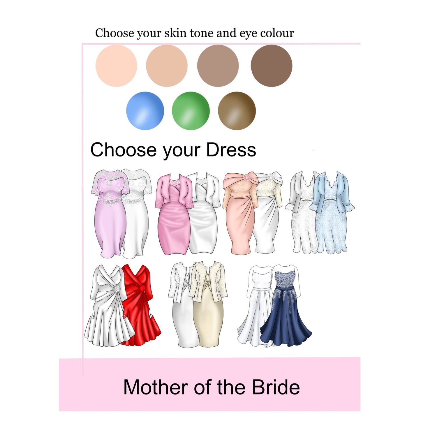 Virtual try-on tool for selecting a 'Mother of the Bride' dress with color swatches for skin tone and eye color.