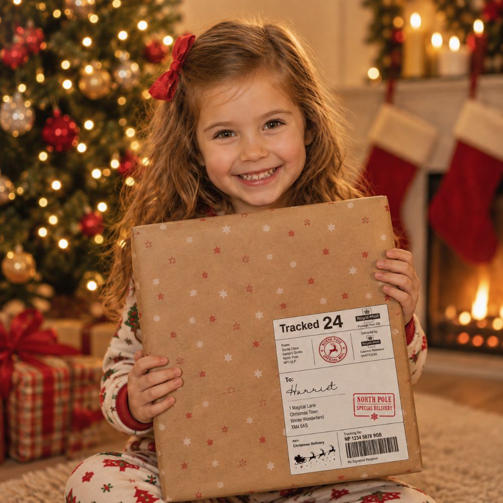 A young girl with a red bow in her hair smiles while holding a large brown kraft paper gift box wrapped in a matching patterned paper, with a Tracked 24 personalised novelty christmas gift label.  The background shows a decorated Christmas tree, stockings, and a warm fireplace.