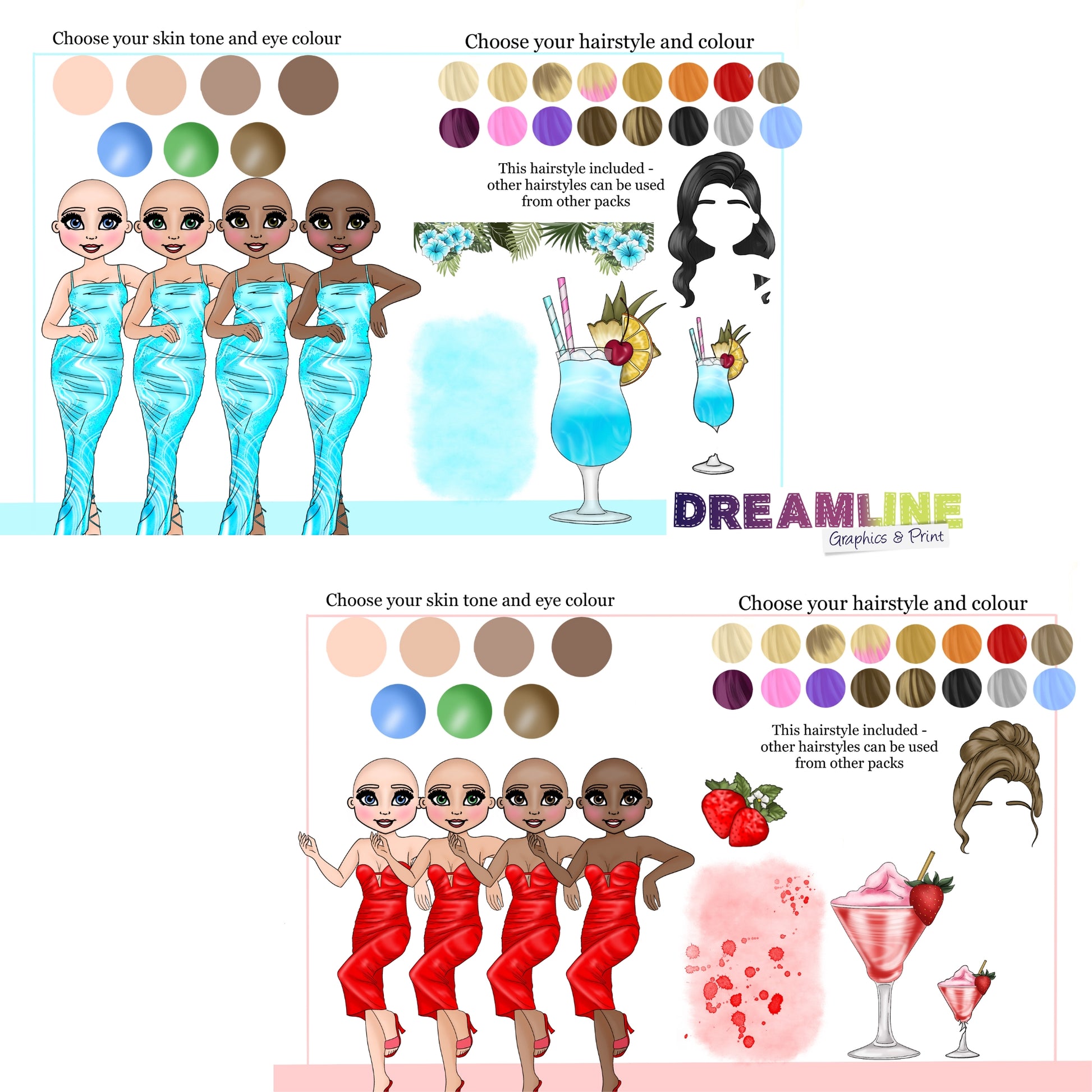 choice sheet for different cocktail dollies hair and skin tone