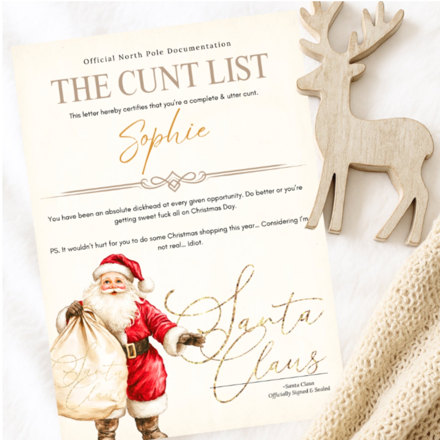 Letter from Santa Claus with decorative deer and textured surface