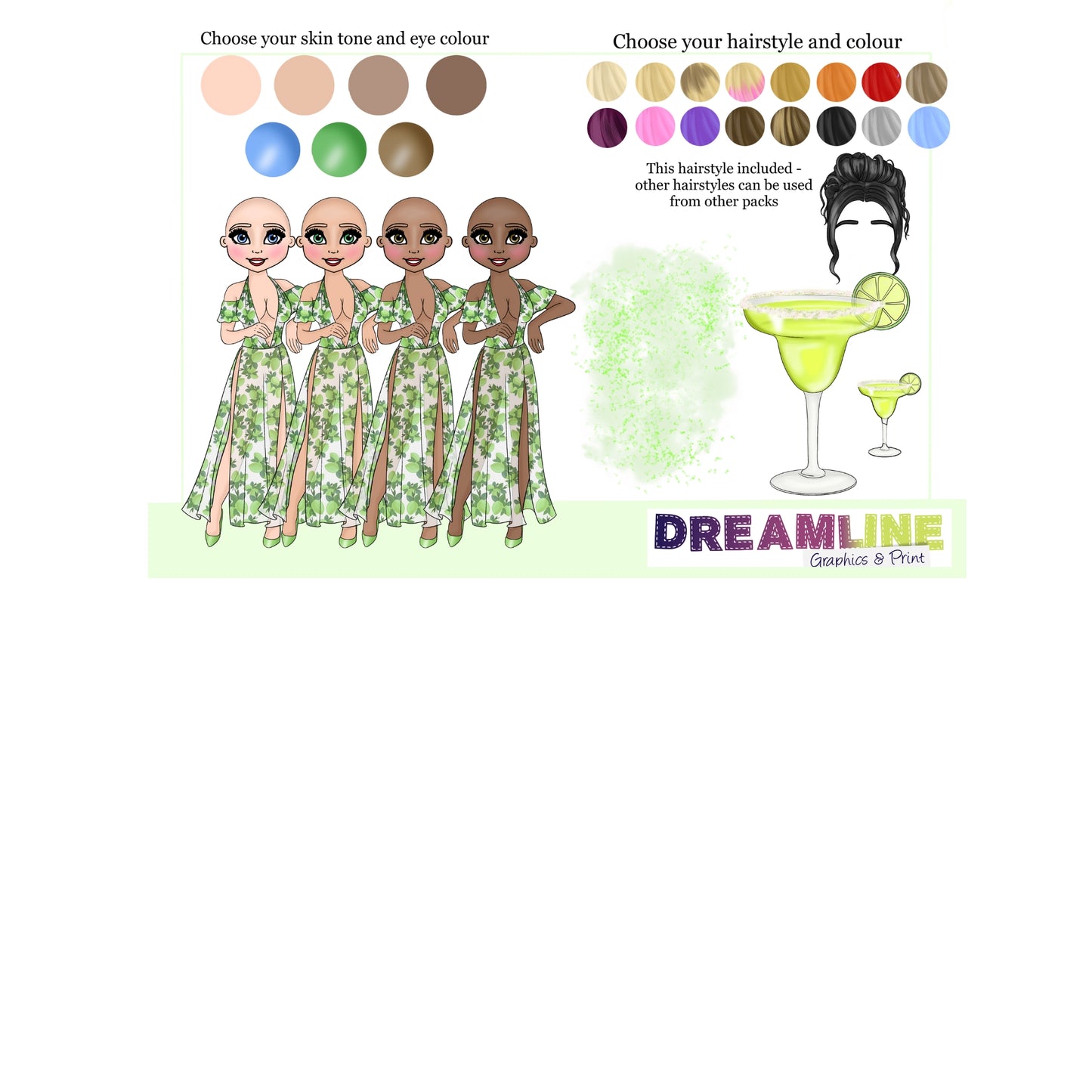 Character customization interface with skin tone, eye color, hairstyle, and color options on a white background.