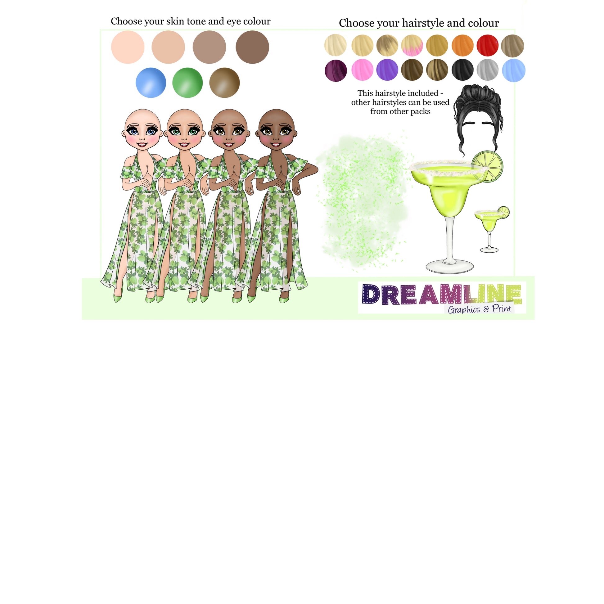Character customization interface with skin tone, eye color, hairstyle, and color options on a white background.