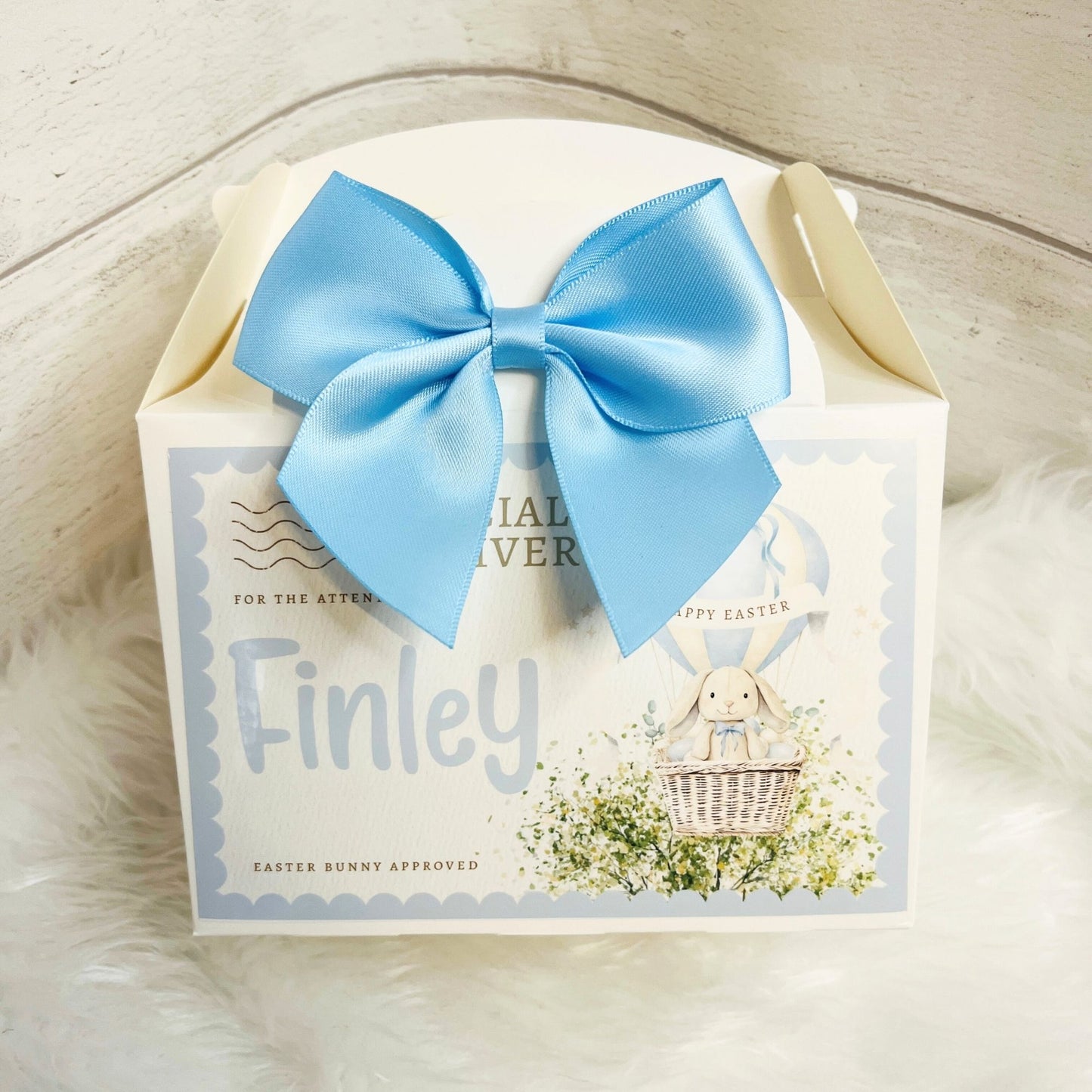 Easter Treat Box in blue with satin blue bow and 'special delivery personalised' label