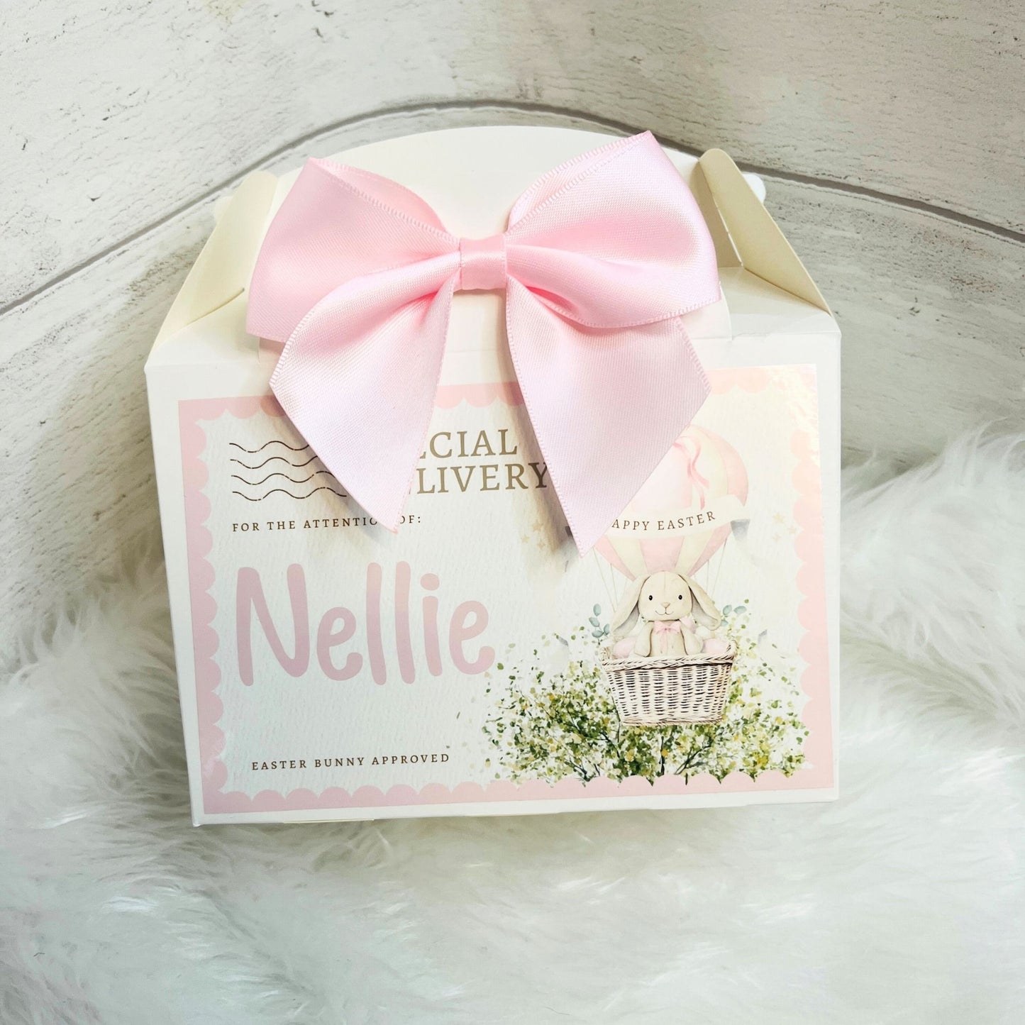 Easter Treat Box in pink with satin pink bow and 'special delivery personalised' label