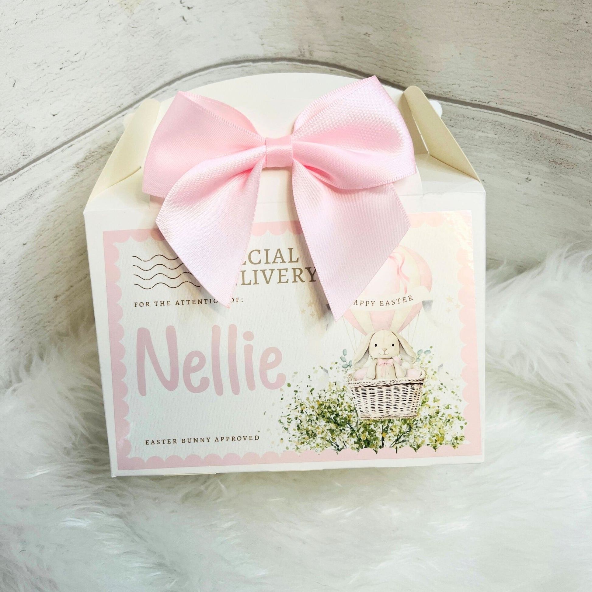 Easter Treat Box in pink with satin pink bow and 'special delivery personalised' label