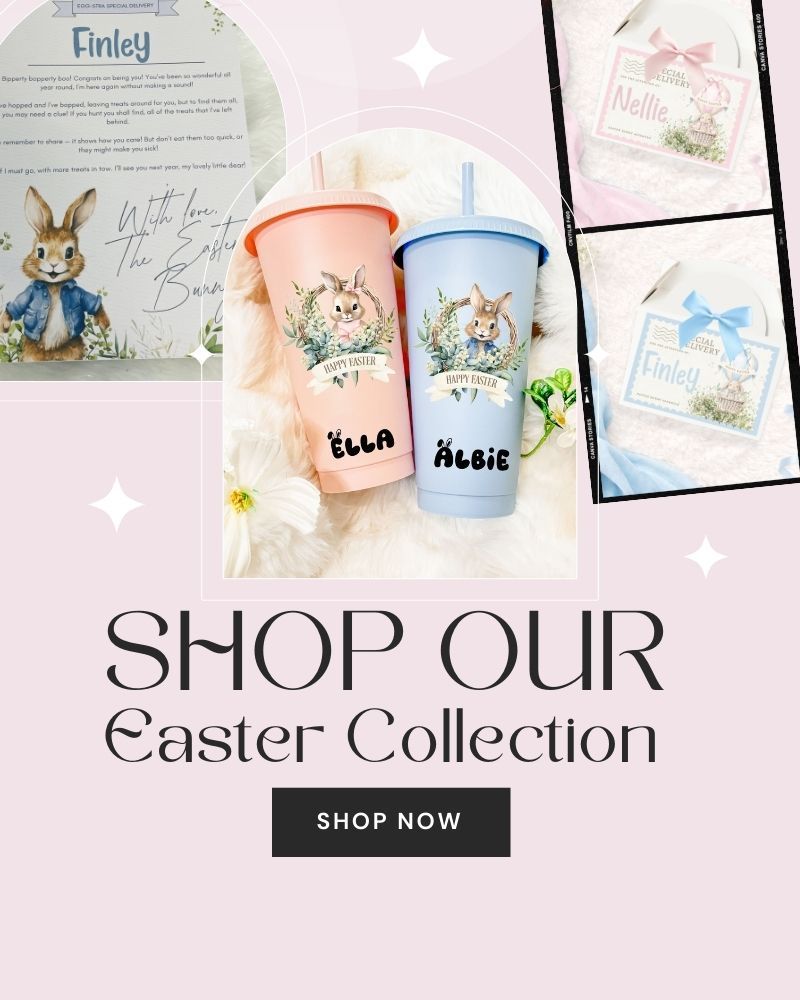 Two Easter-themed tumblers with personalized names on a pink background with promotional text.
