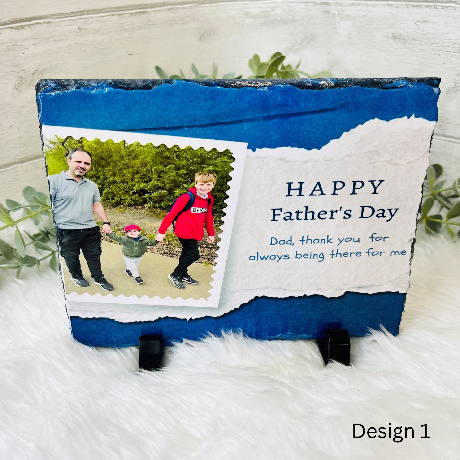 A personalised photo rock slate with a family photo and a message for Father's Day.