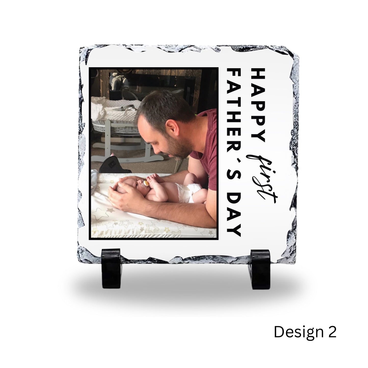 A personalised photo rock slate with a family photo and a message for Father's Day.