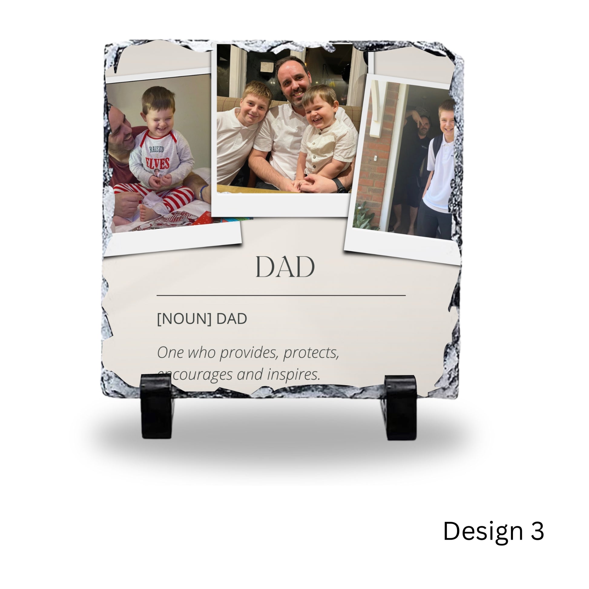 A personalised photo rock slate with a family photo and a message for Father's Day.